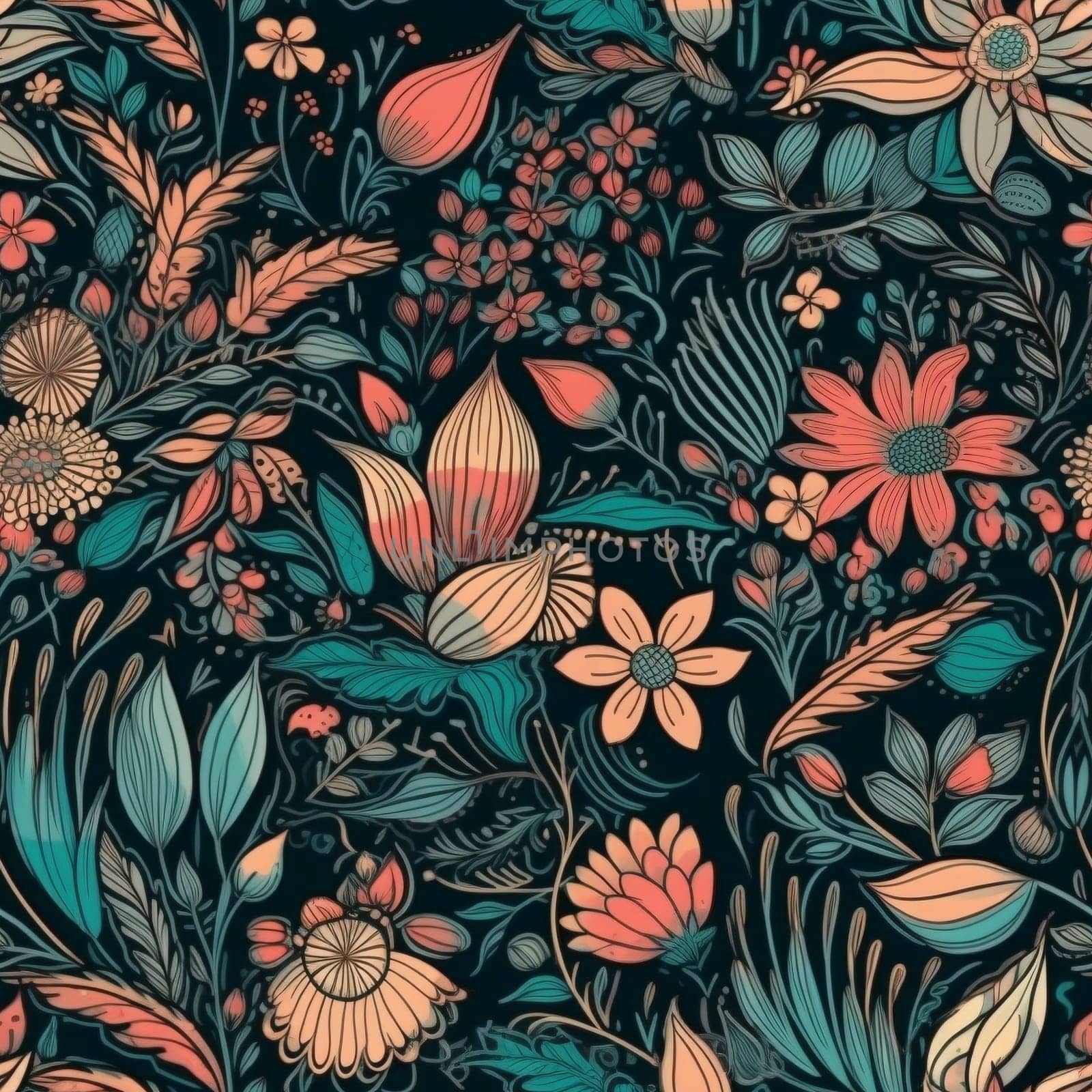 Boho style floral seamless pattern with black background, created with generative AI