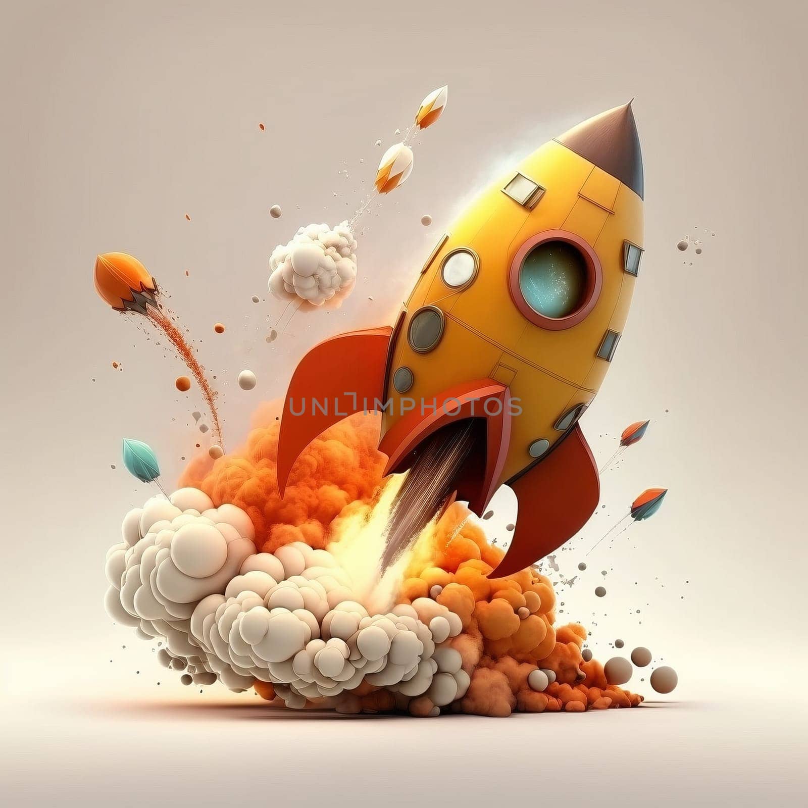 Cartoon style rocket take off in smoke on the white background, created with generative AI