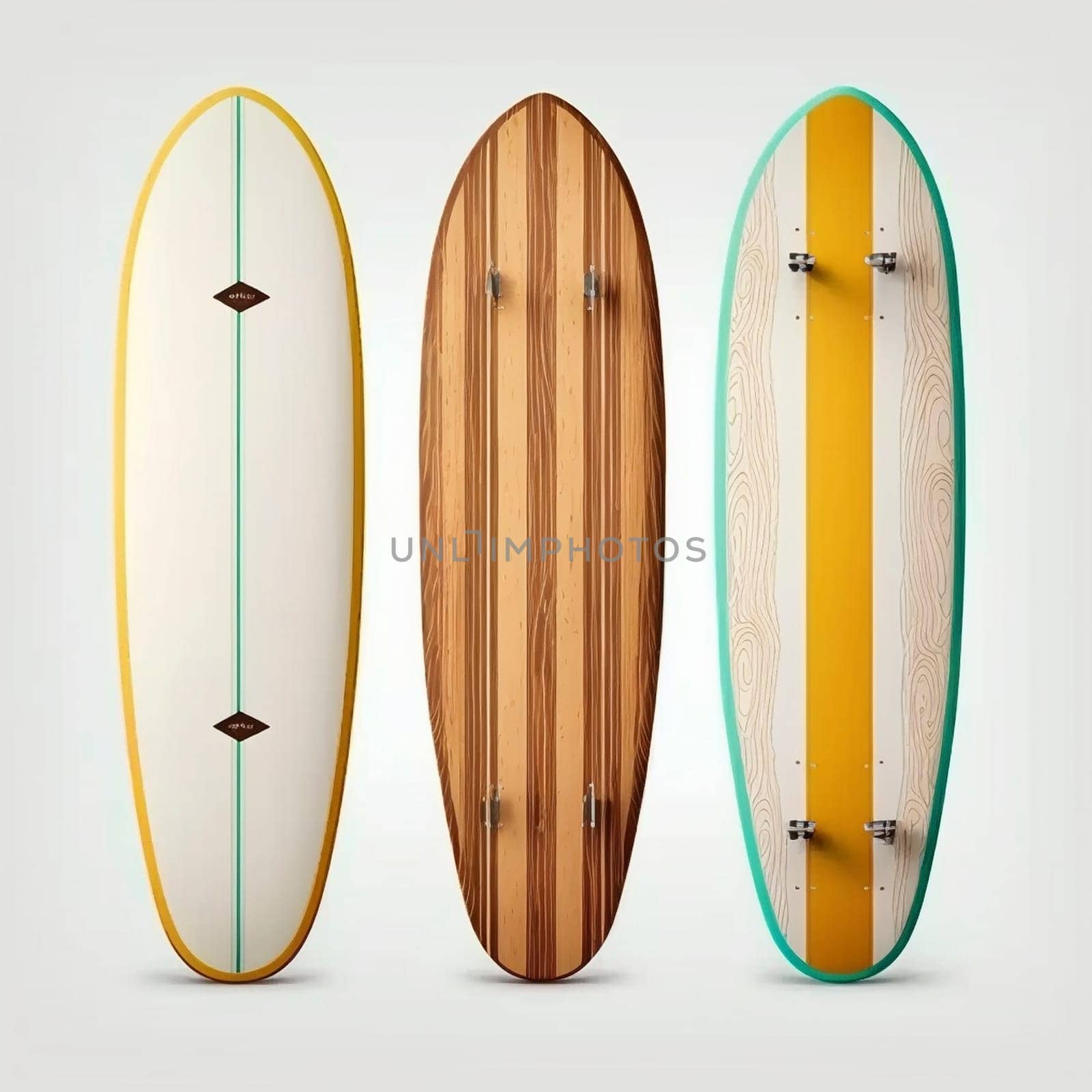 Collection of vintage wooden longboard surfboards on white background, created with generative AI