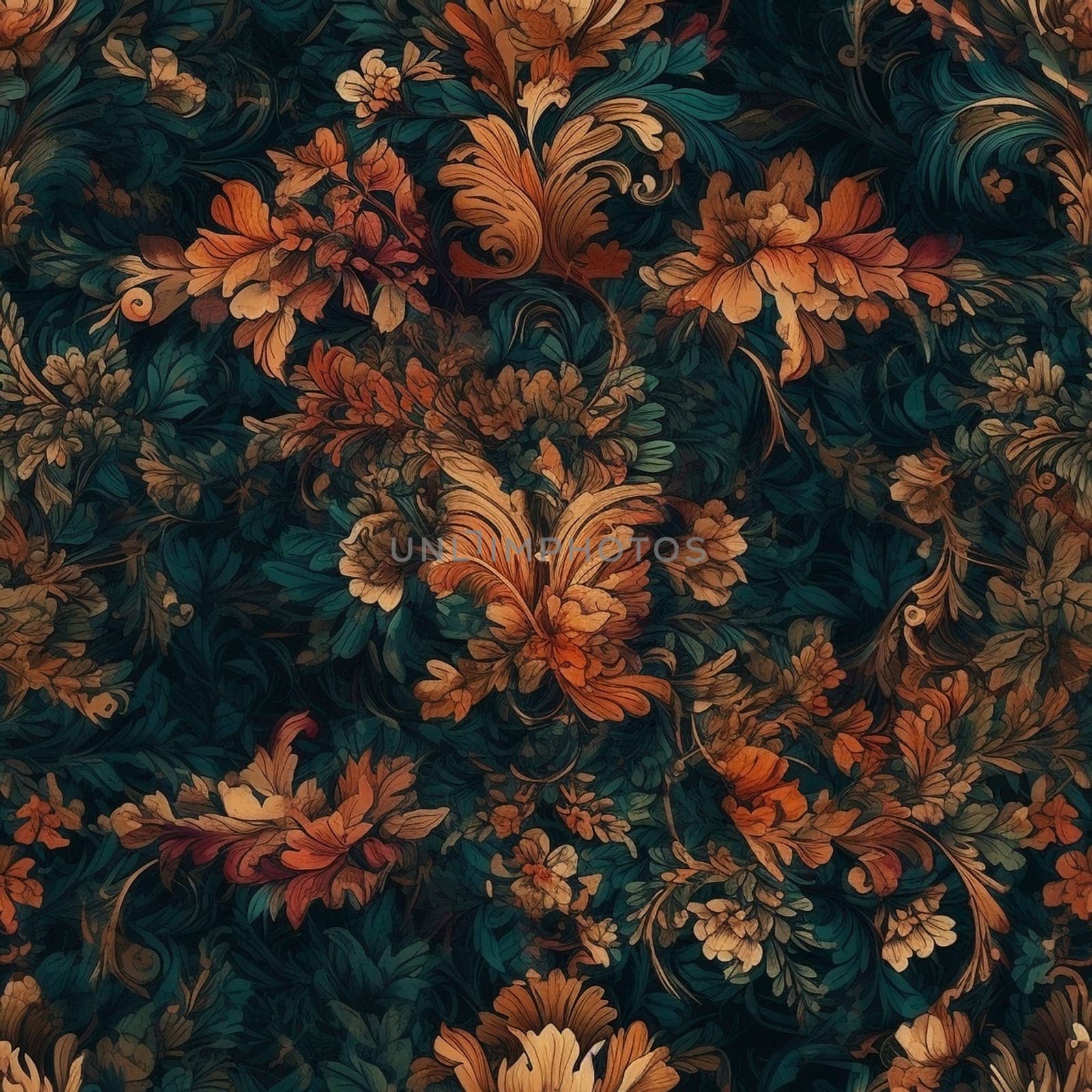 Beautiful colorful rich jungle seamless pattern tile, created with generative AI