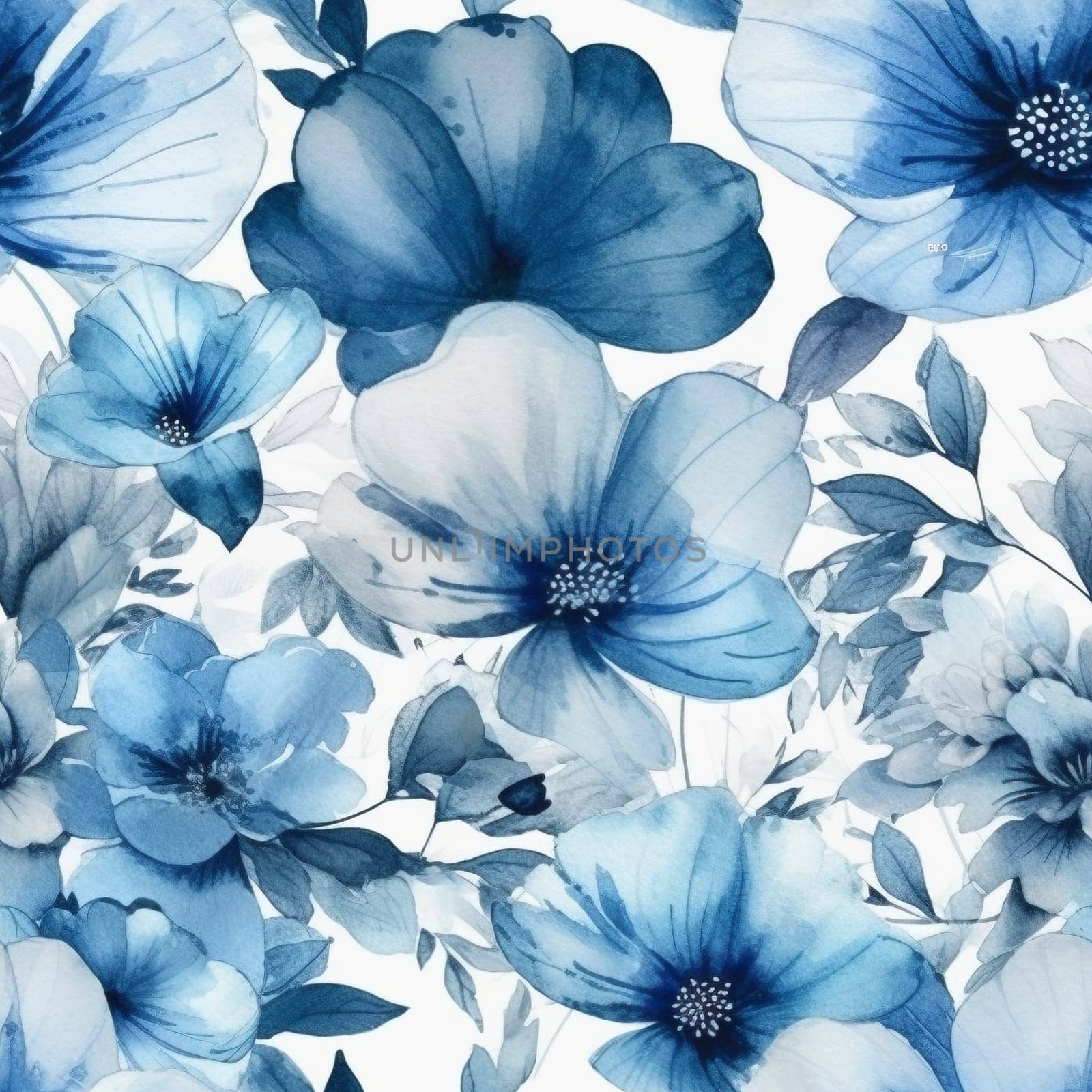 Blue pastel watercolor flowers detail seamless pattern, created with generative AI