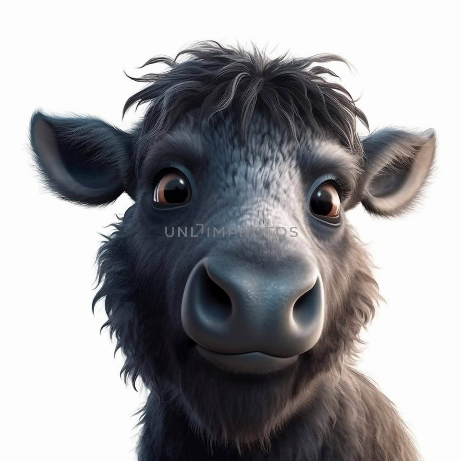 Cartoon style water buffalo on the white background, created with generative AI