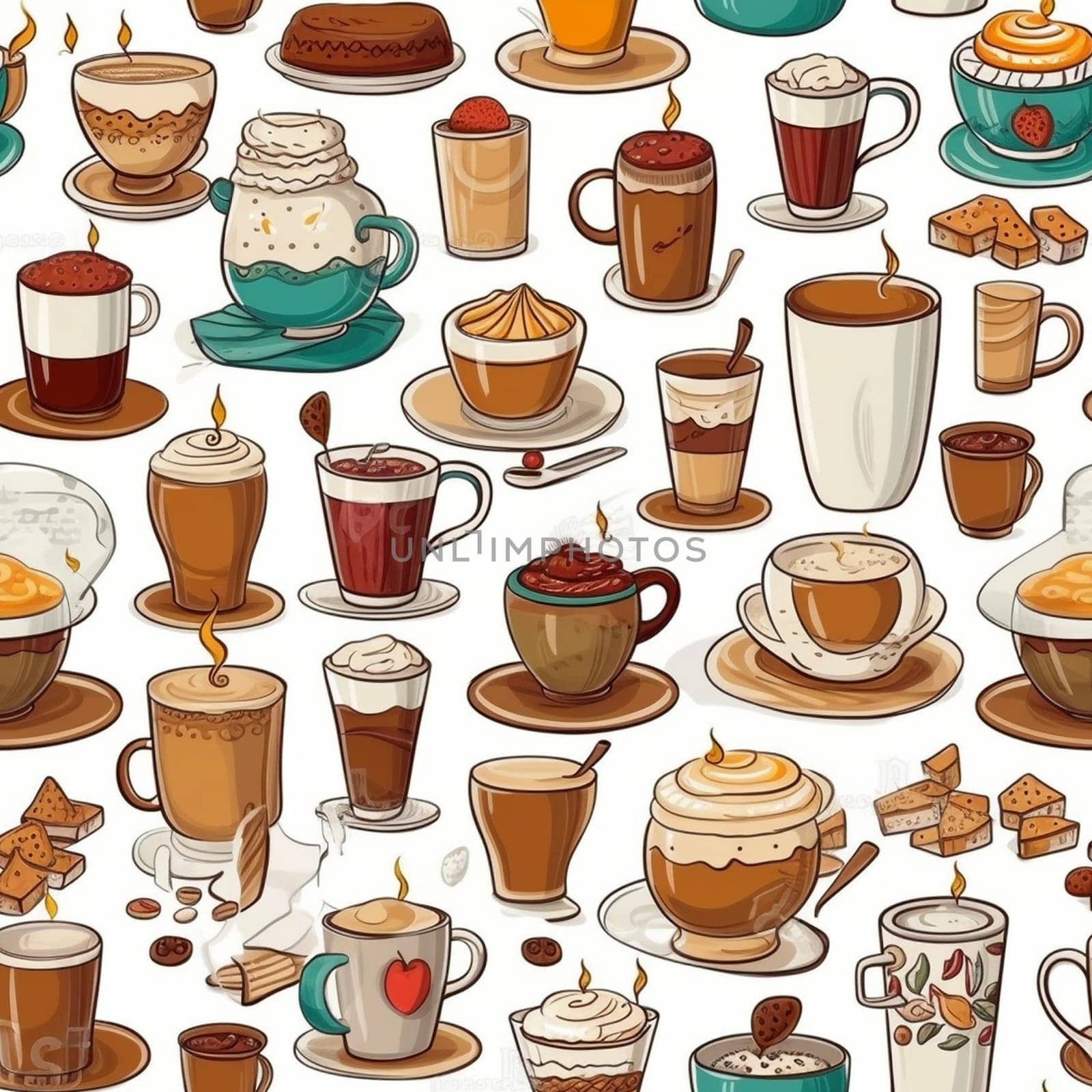 Different types of coffee in cartoon style seamless pattern tile, created with generative AI