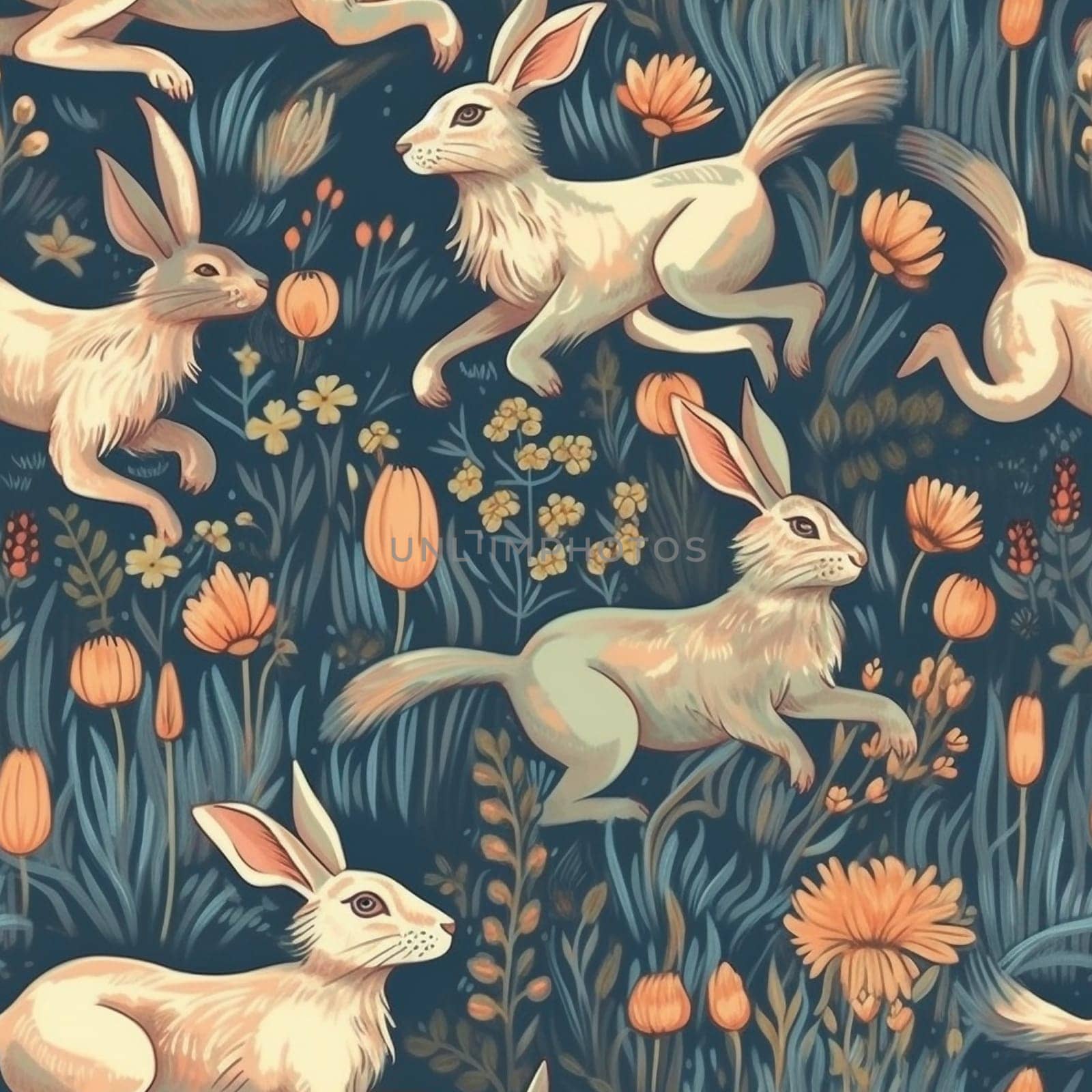 Rabbits in the meadow seamless pattern tile, created with generative AI