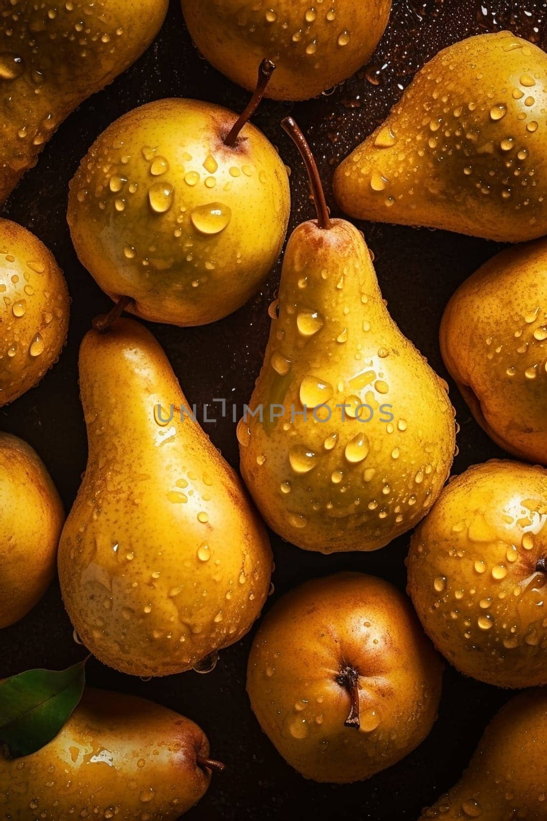 Pile of fresh pears with water drops, created with generative AI