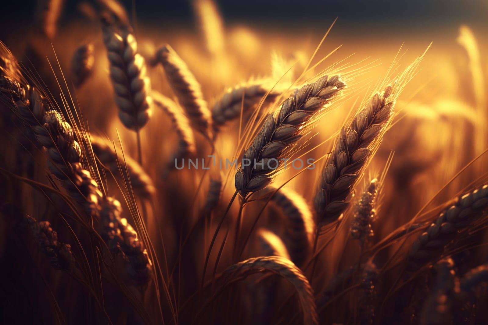 Closeup of the golden field at sunset, created with generative AI