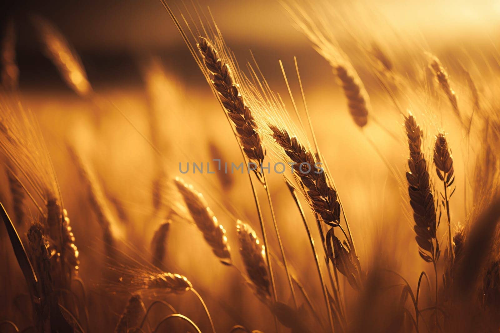 Closeup of the golden field at sunset, created with generative AI