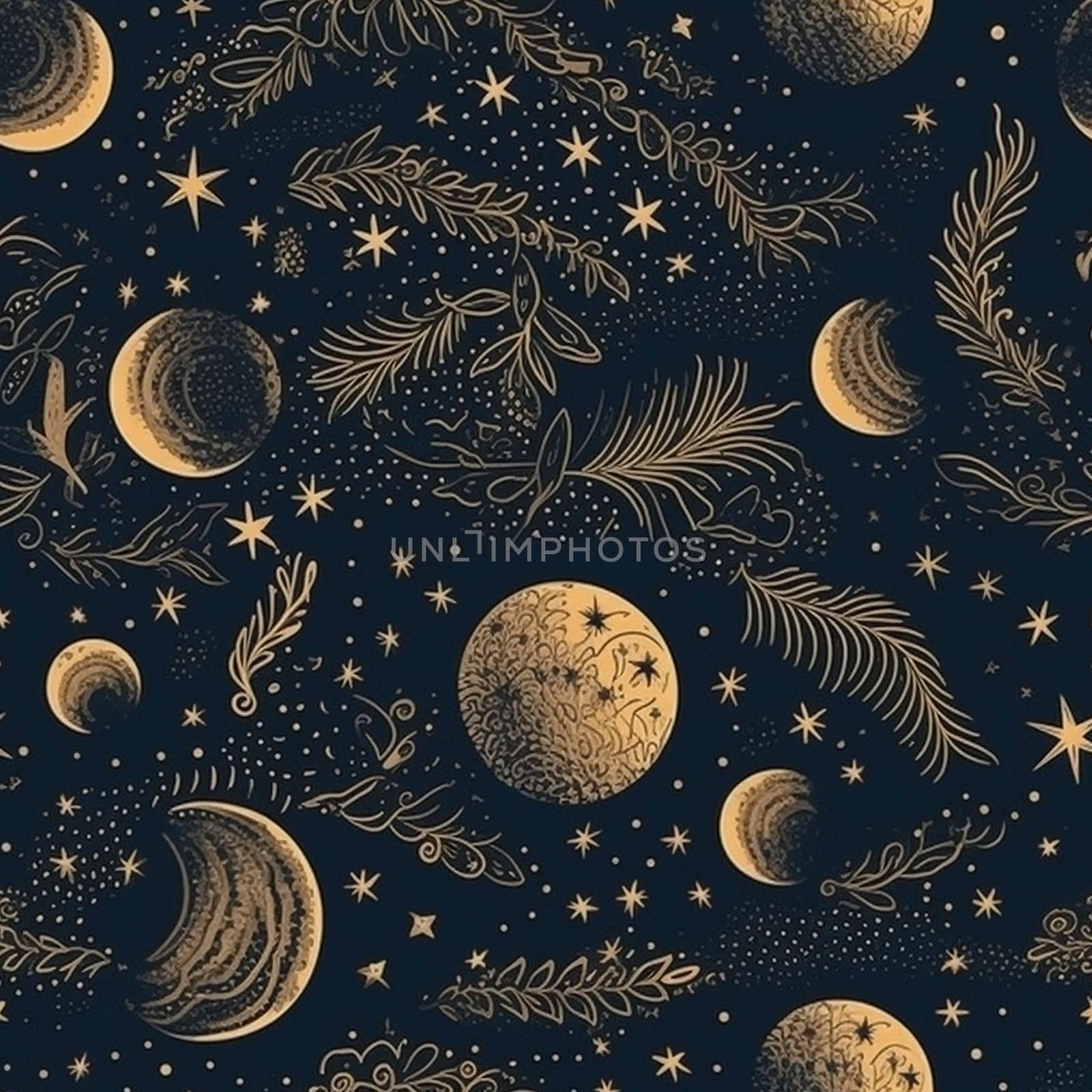 Golden moon and stars on dark sky seamless pattern tile, created with generative AI