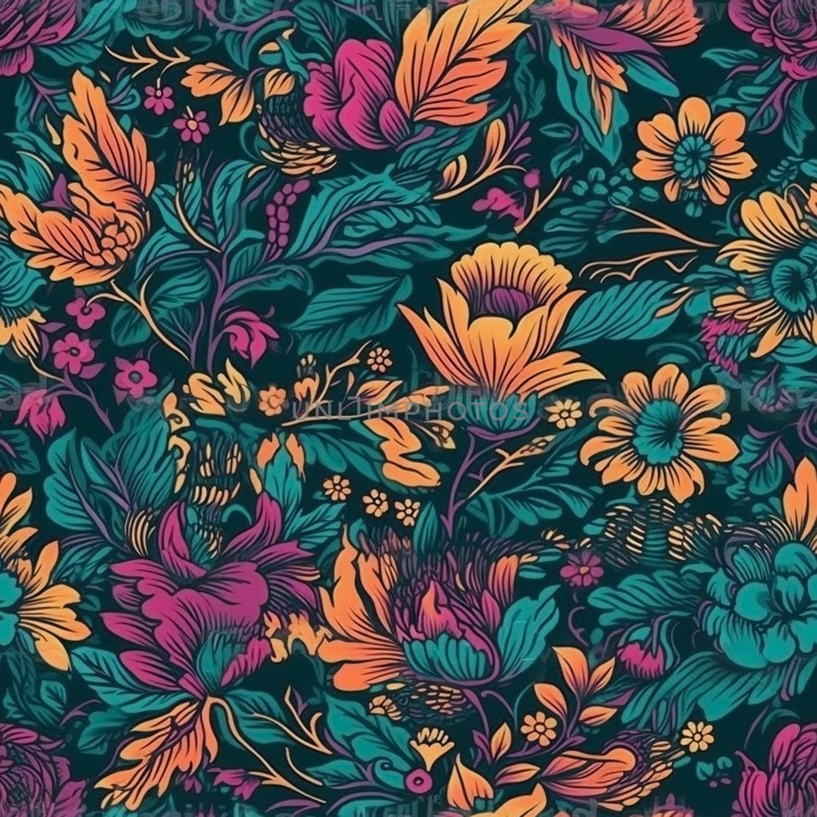 Beautiful elegant leaves and flower seamless pattern tile, created with generative AI