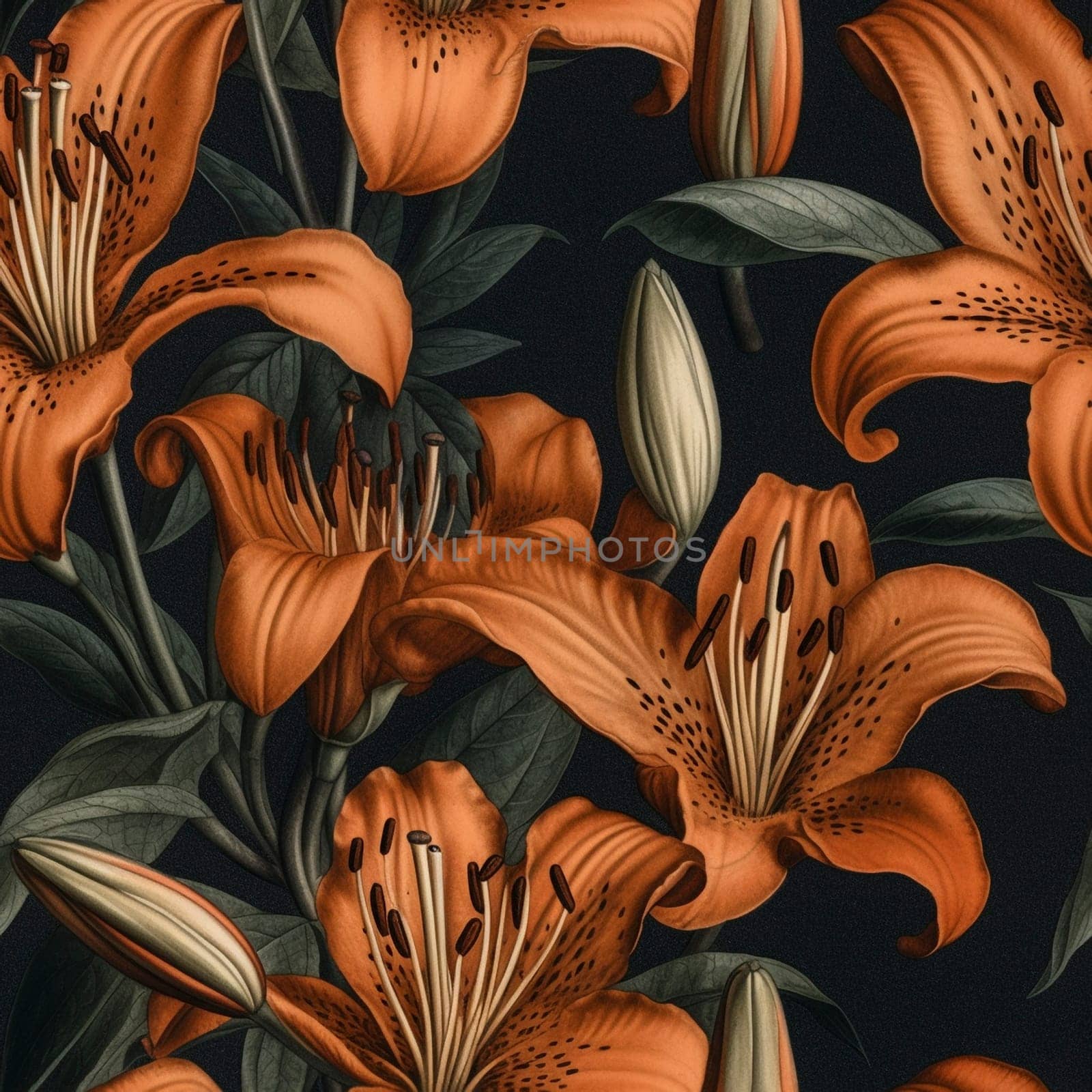 Beautiful orange lilly flower seamless pattern tile, created with generative AI