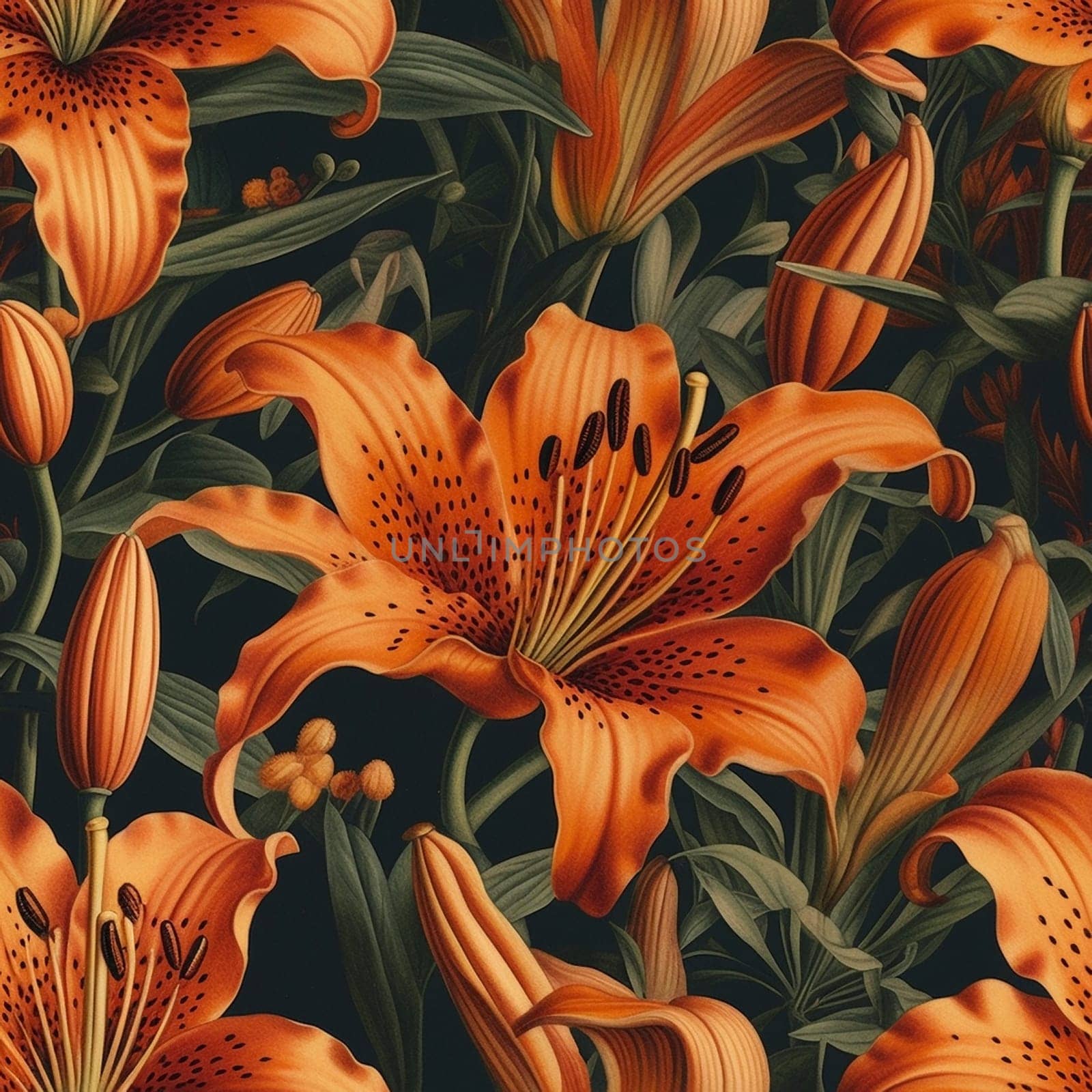 Beautiful orange lilly flower seamless pattern tile, created with generative AI