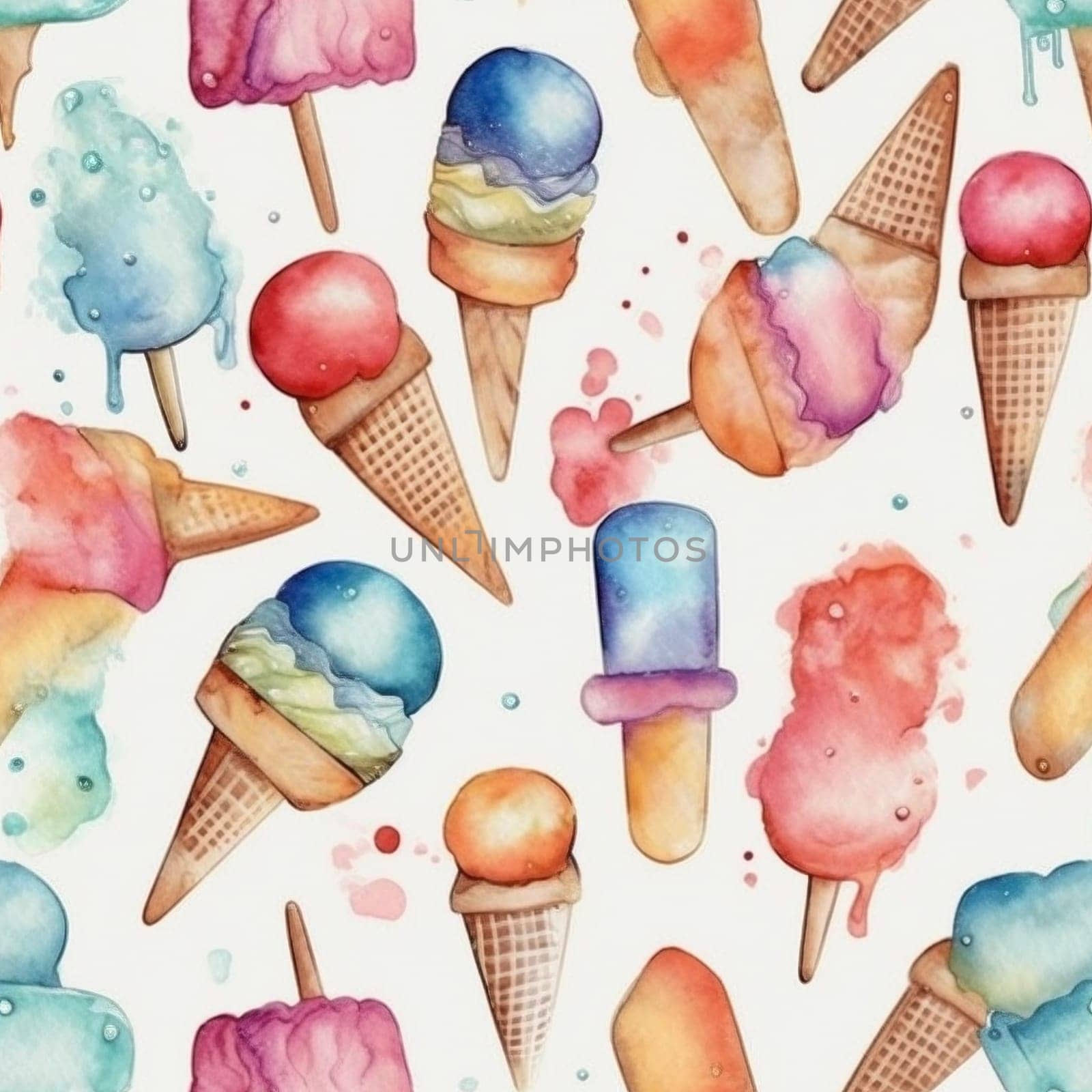 Ice cream watercolor seamless pattern tile, created with generative AI