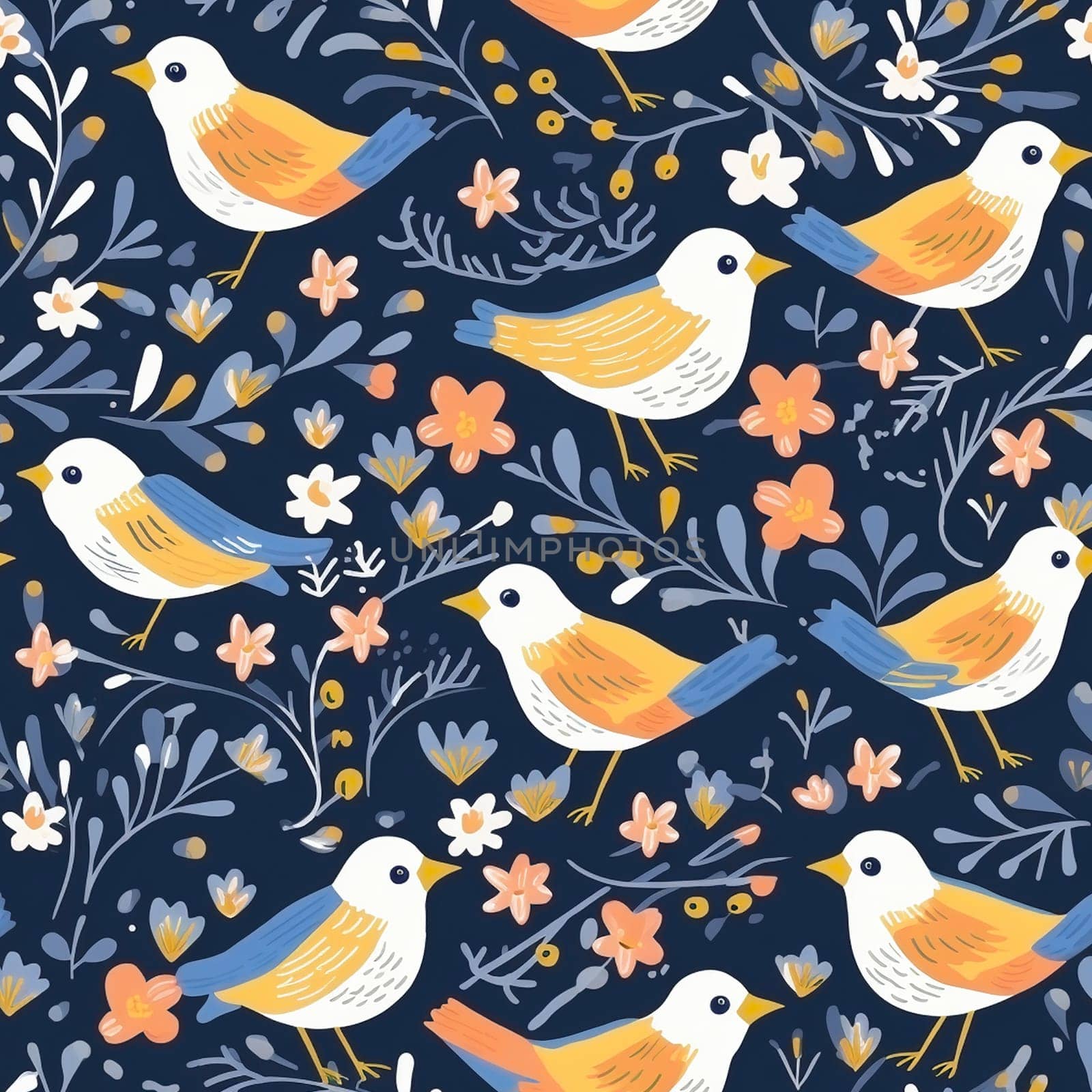 Modern leaves, flowers and birds seamless pattern tile, created with generative AI