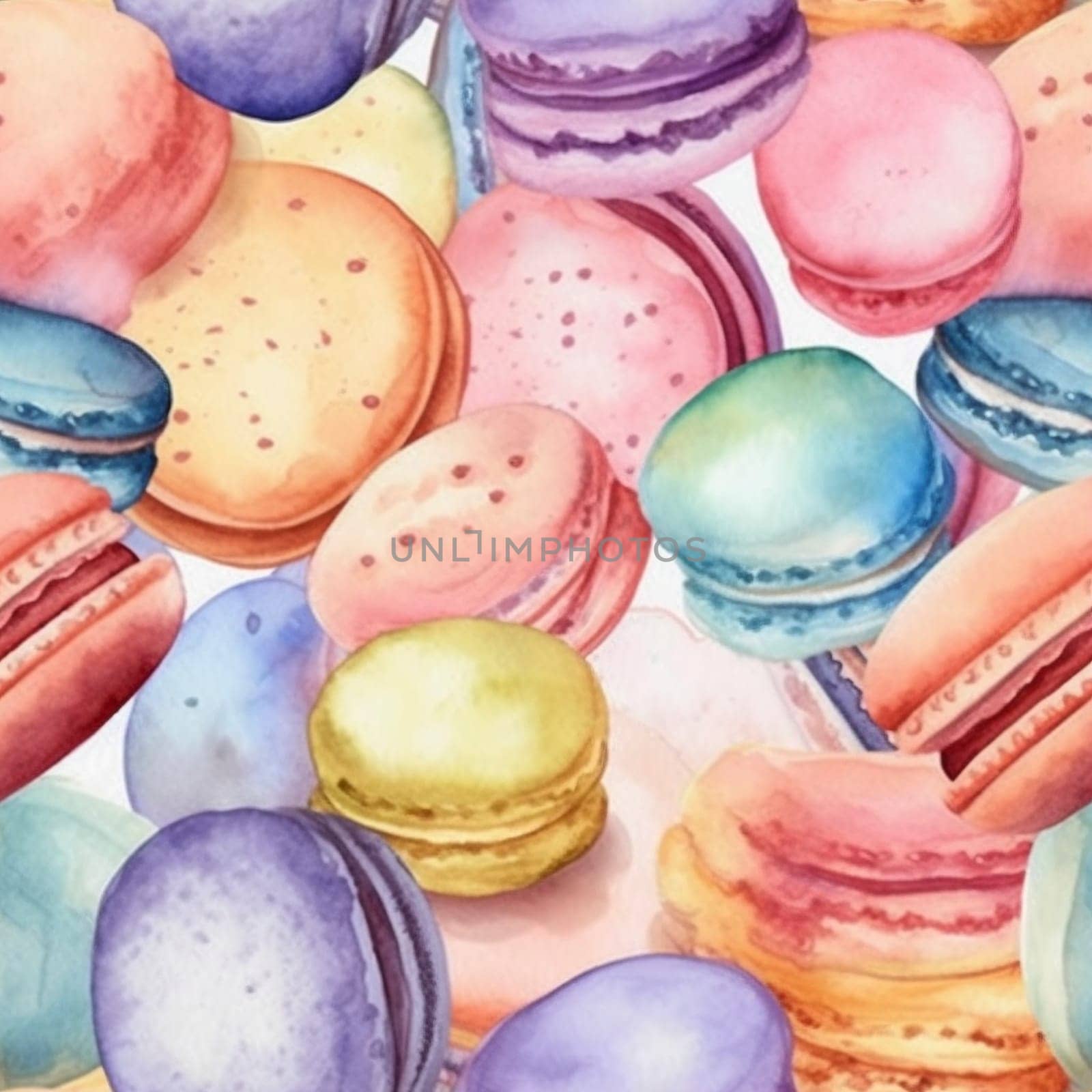Colorful macarons watercolor seamless pattern, created with generative AI