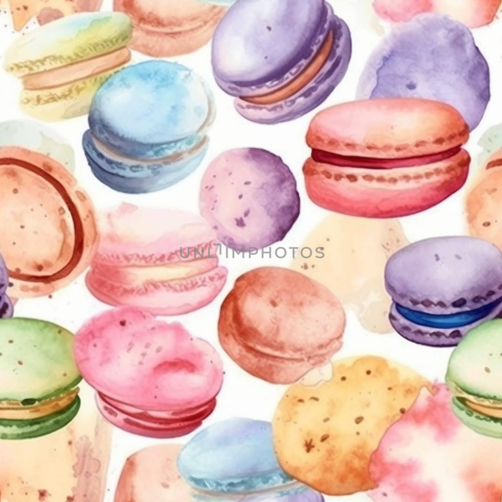 Colorful macarons watercolor seamless pattern, created with generative AI