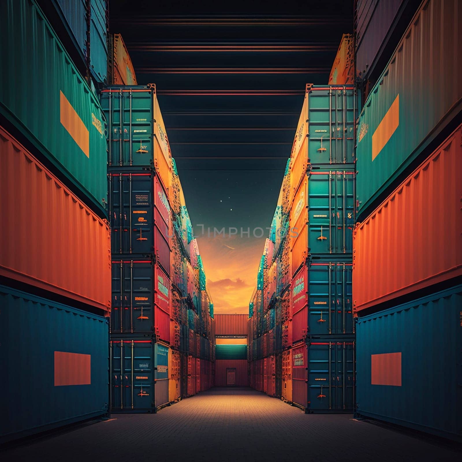 Shipping containers in the warehouse, created with a generative AI