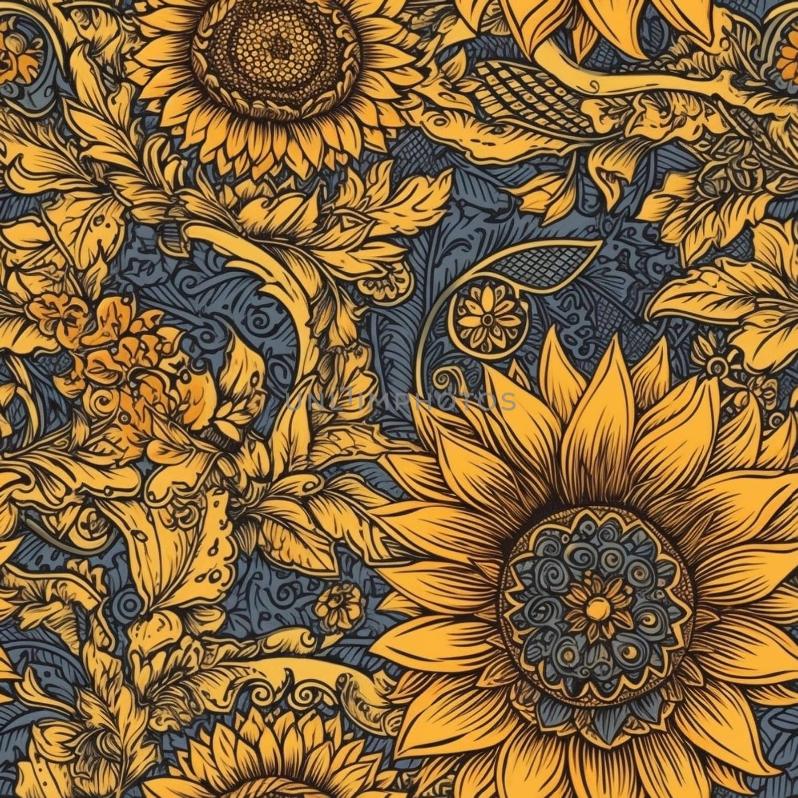 Beautiful elegant sunflower seamless pattern tile, created with generative AI