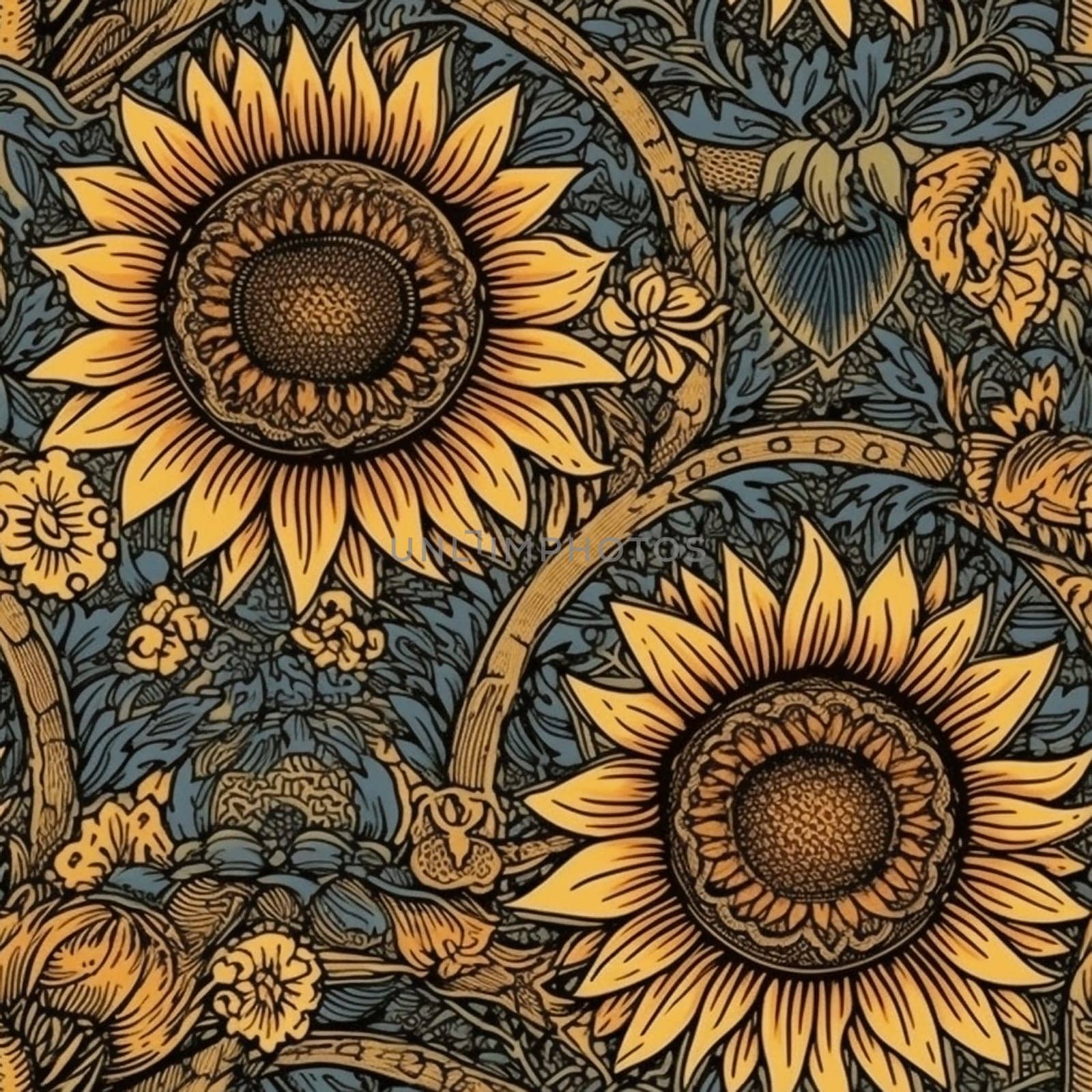 Beautiful elegant sunflower seamless pattern tile, created with generative AI