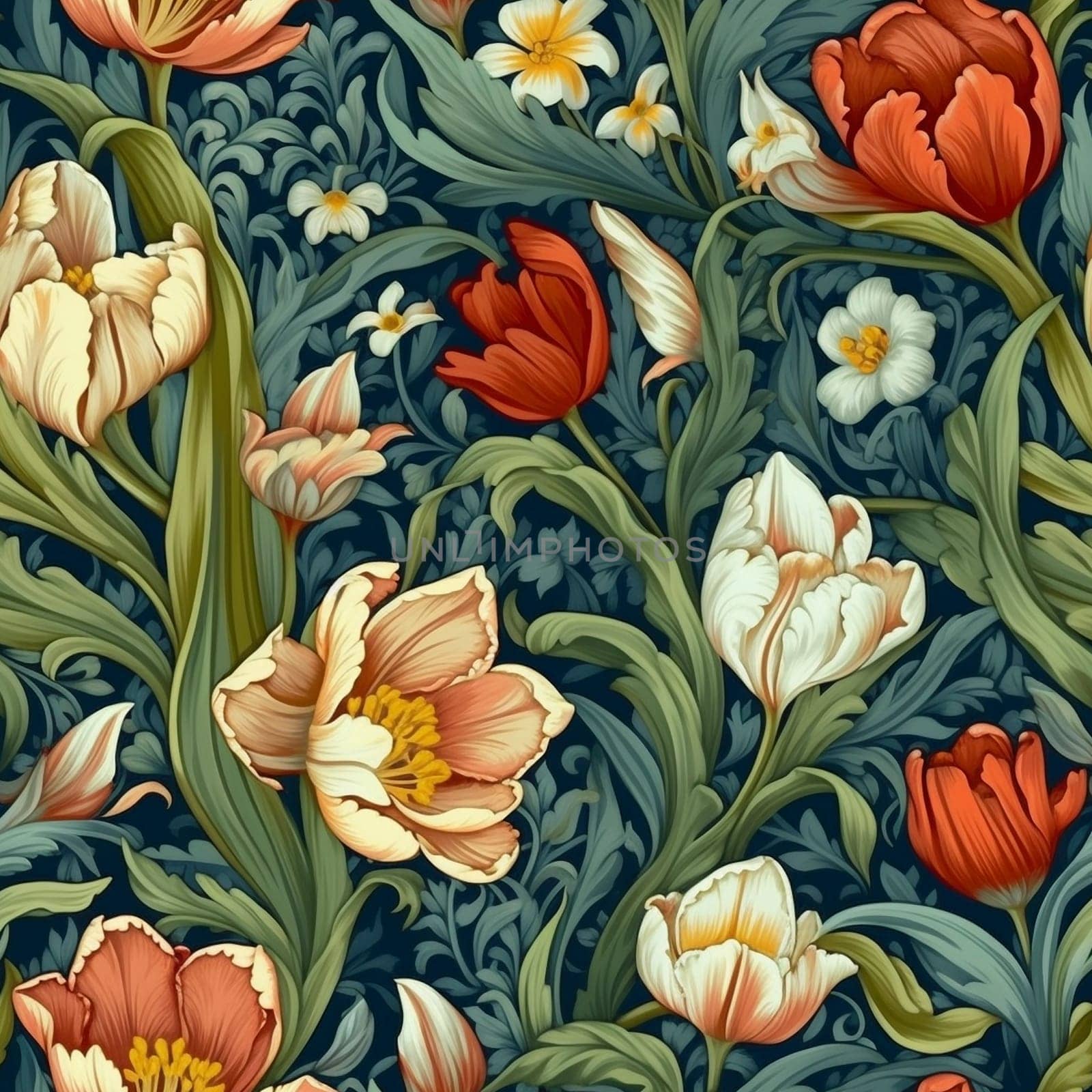 Seamless pattern tile of tulips and other flowers, created with generative AI