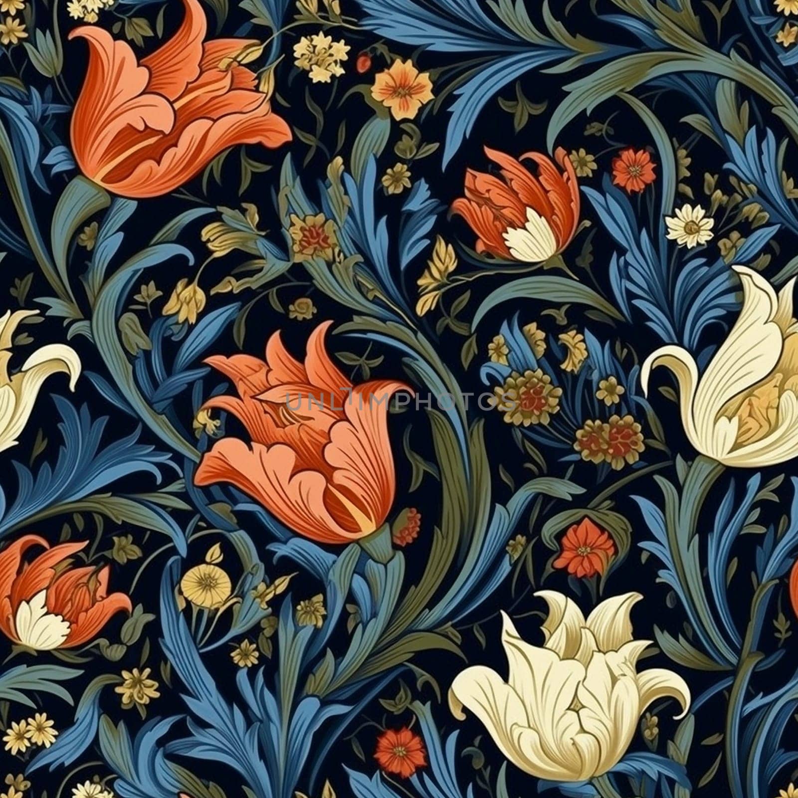 Seamless pattern tile of tulips and other flowers, created with generative AI
