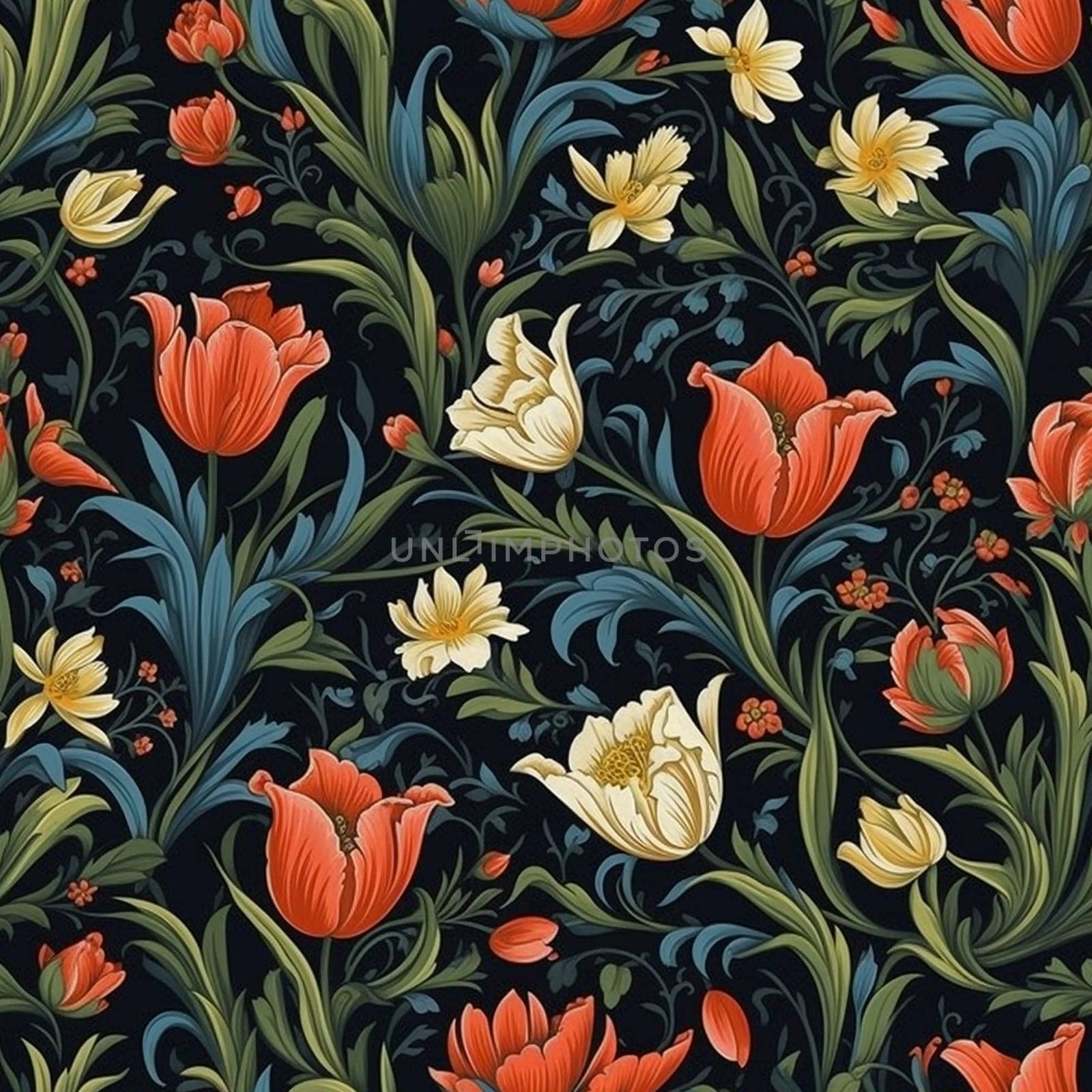 Seamless pattern tile of tulips and other flowers, created with generative AI