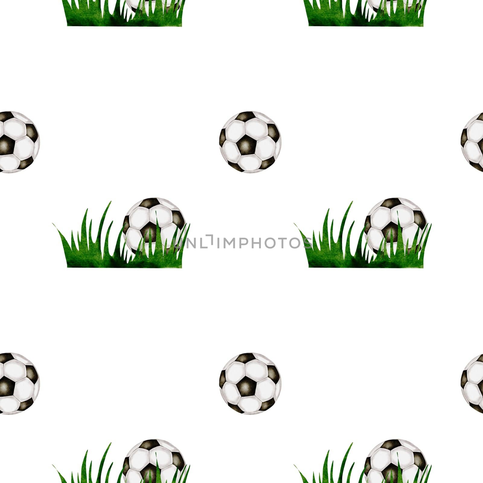 Football watercolor pattern. Seamless pattern of soccer balls on the grass on a white background. Ideal for children's and sports textiles, equipment, packaging
