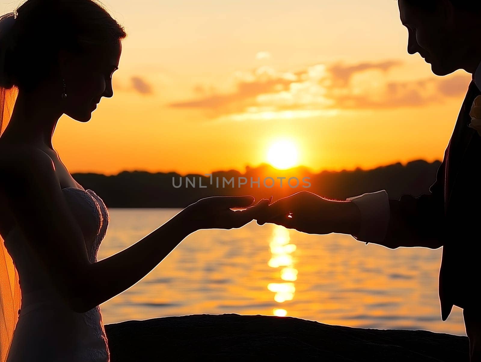 Bride and groom holding hands in silhouette during a romantic sunset by the water, symbolic wedding moment full of love, warmth, and serenity, golden hour with vivid colors and emotional ambiance