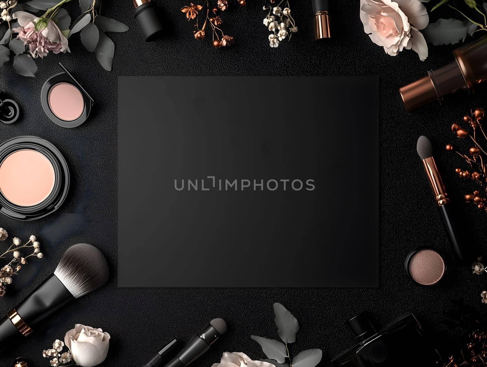 Top view of elegant cosmetic products with black background, soft flowers and brushes, concept of luxury makeup and beauty industry, flat lay composition, AI generated visual for cosmetics, with copy