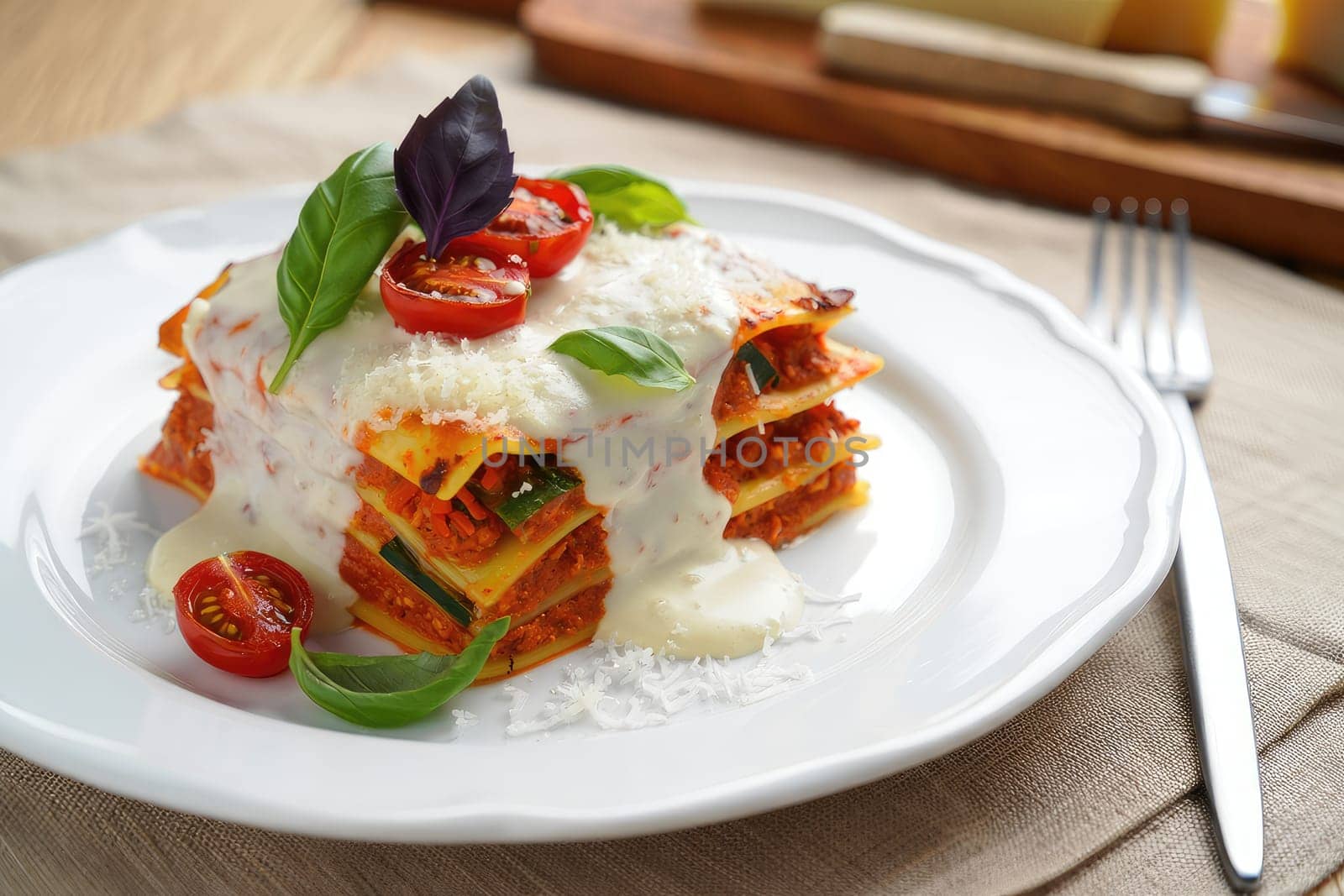 Layers of lasagna filled with rich sauce and vegetables are topped with creamy sauce, fresh basil, and cherry tomatoes on a beautiful white plate at lunchtime.