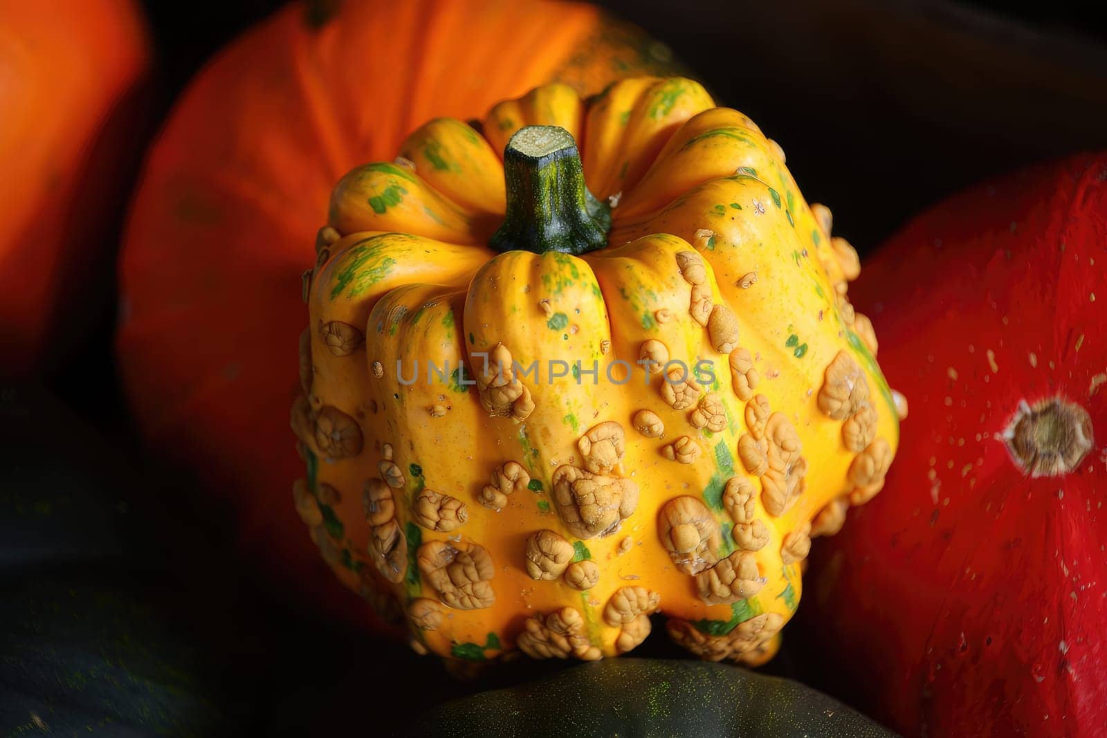 A vibrant yellow squash with a textured surface is placed among various pumpkins of different colors and shapes. The scene captures the essence of autumn bounty, showcasing natures diversity.