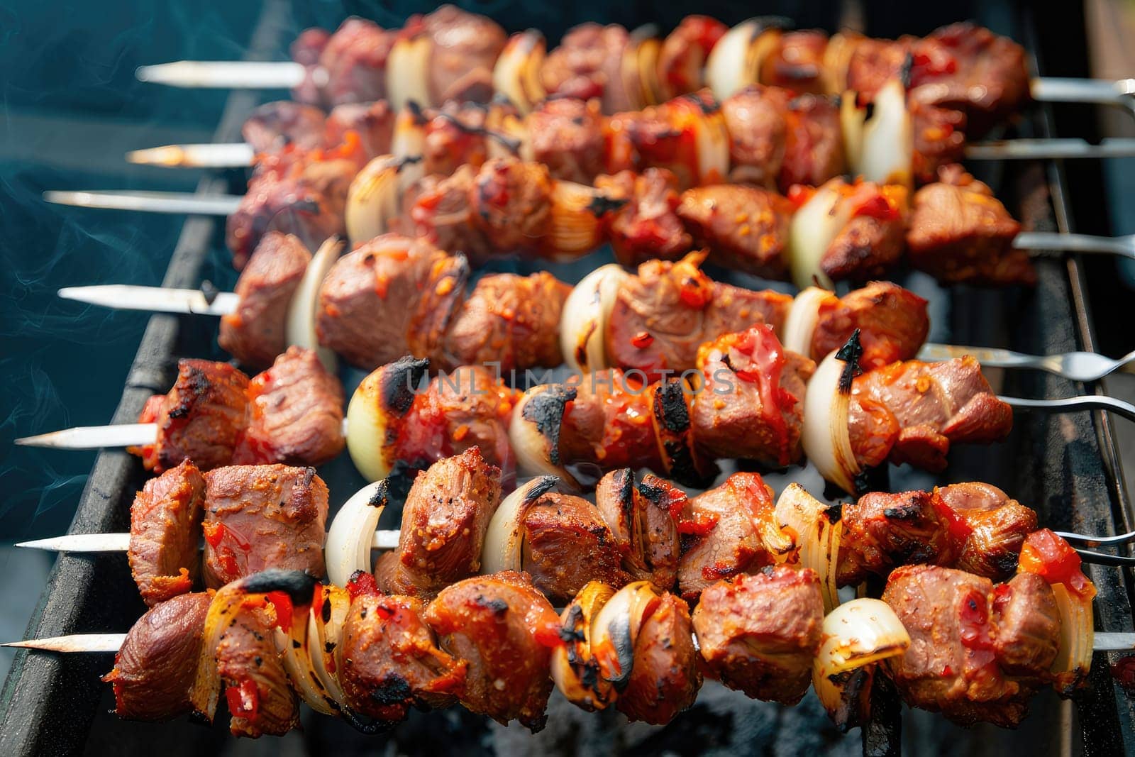 Succulent meat and fresh vegetables are skewered and grilling on a barbecue. The smoky aroma fills the air on a warm summer day. Friends and family gather around, enjoying good food and company.