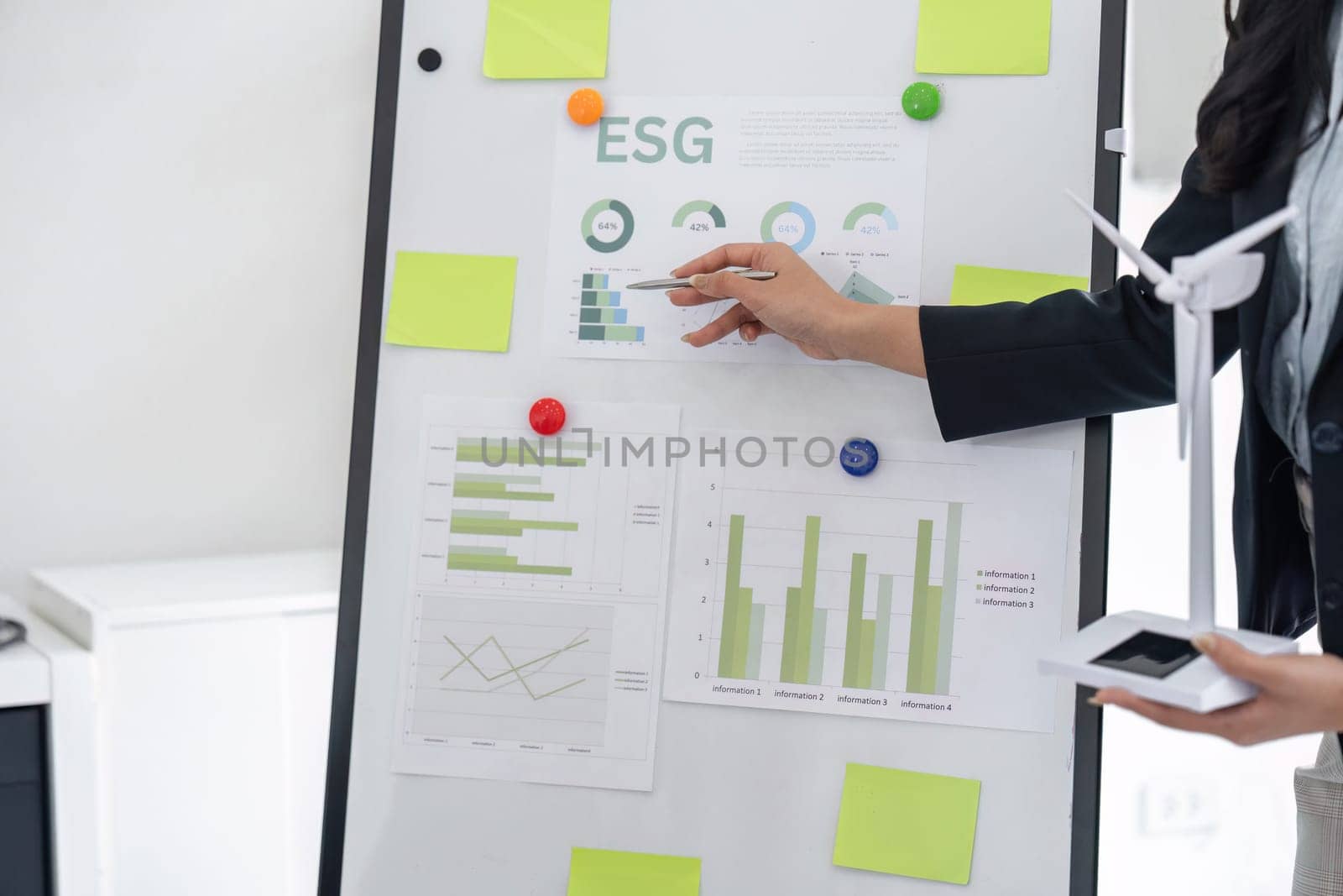 An expert points to ESG metrics displayed on a presentation board during a strategic meeting, highlighting the importance of sustainable practices.