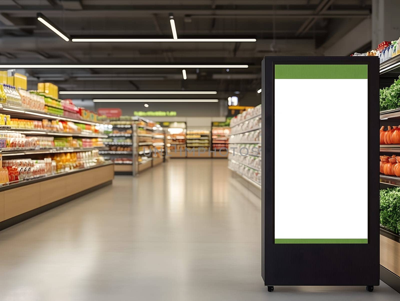 Digital vertical billboard with blank screen for advertising in grocery store aisle, surrounded by fresh produce and shelves with products, modern retail marketing mockup, copy space, AI generated