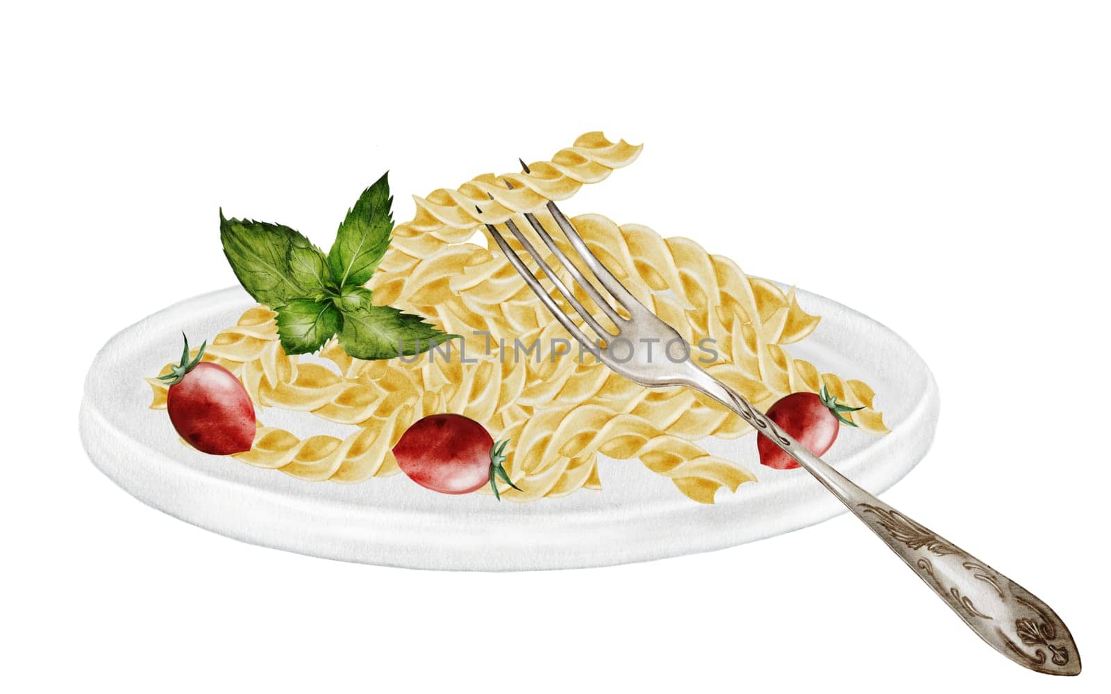 Fusili pasta on a plate with a fork, watercolor painting. Hand drawn italian macaroni with tomatoes and basil on white background. Food clip art. Ideal for pasta packaging, restaurant menus and posters. High quality illustration