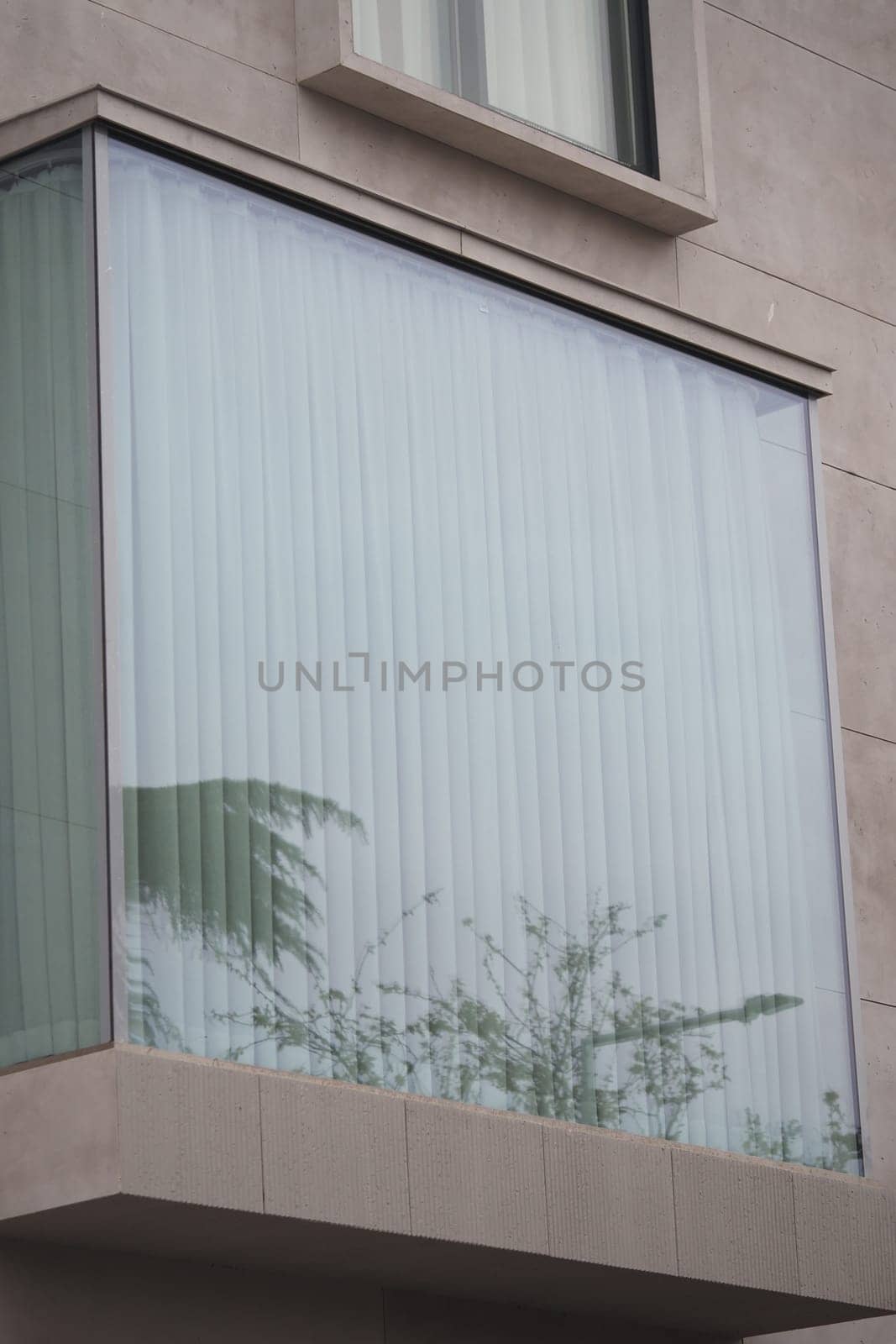 A large glass window reflects nearby greenery on a contemporary building.