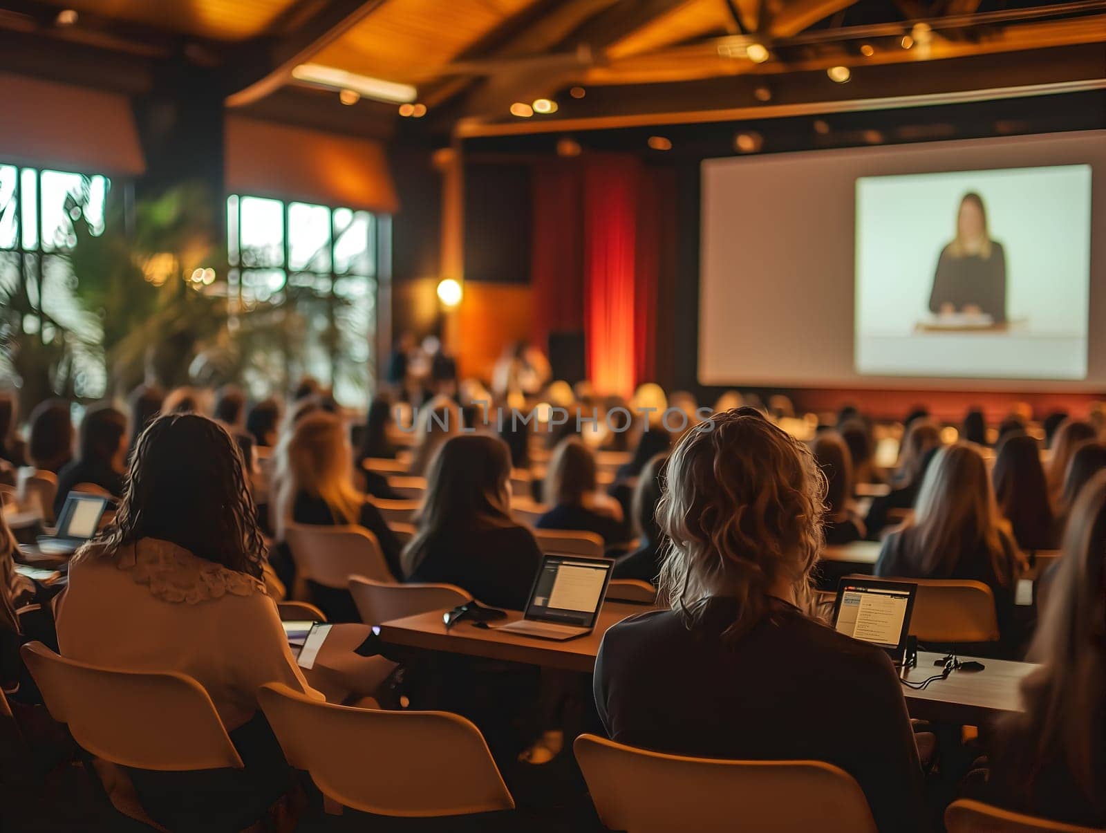 Large group of people attending a conference or seminar, with audience facing the big screen displaying a speaker, in a professional business setting with warm lighting, vertical orientation
