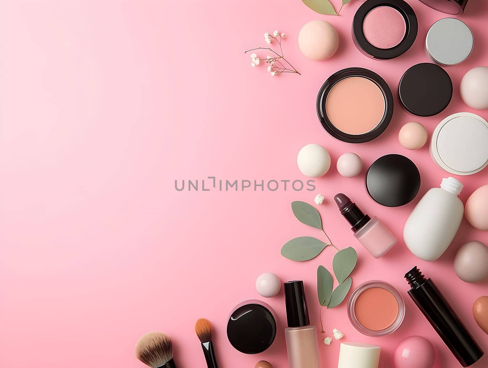 A variety of beauty and cosmetic products including brushes, lipsticks, and skincare items arranged on a soft pink background. Perfect for beauty advertisements, cosmetic packaging, and product branding.