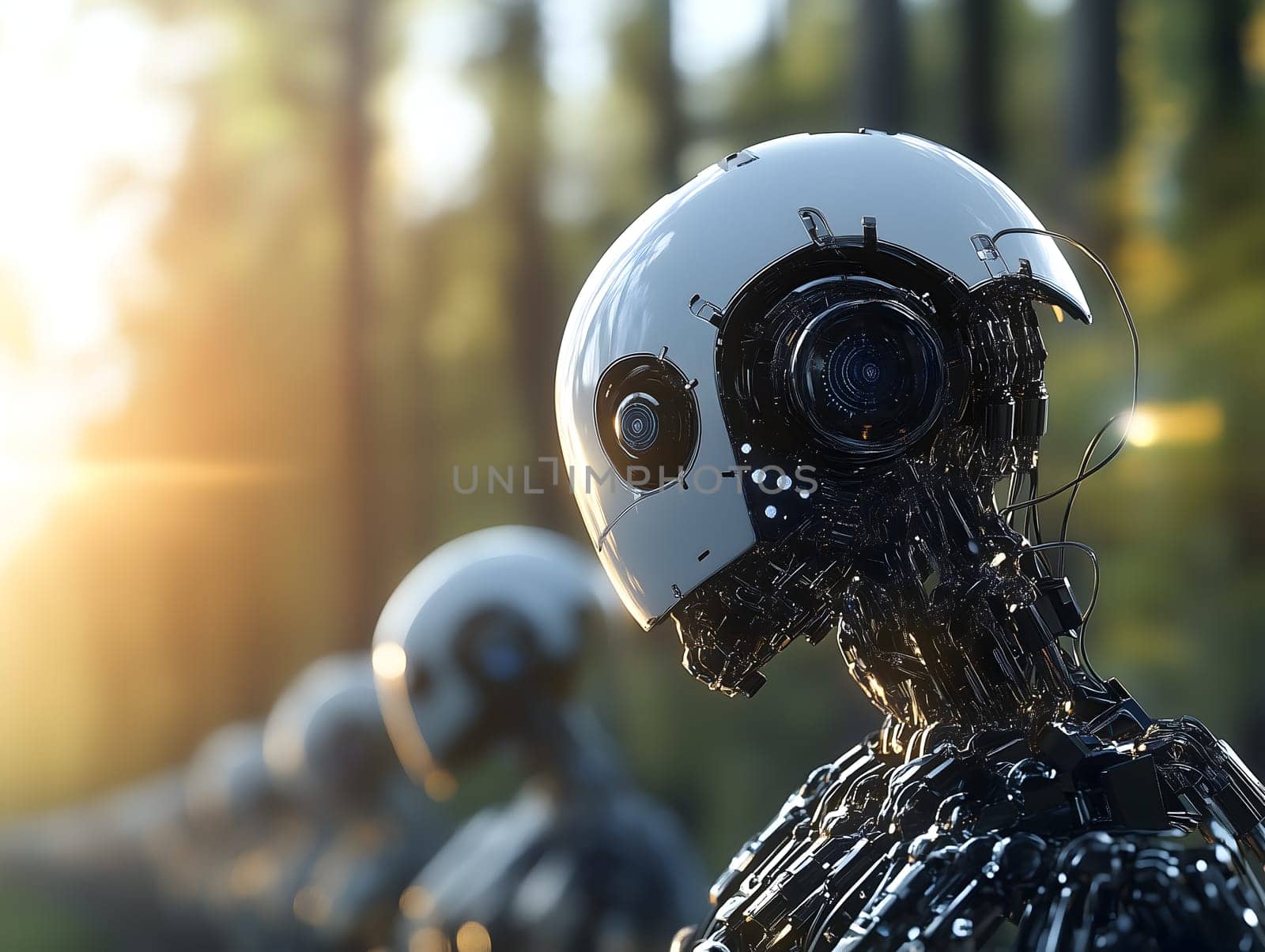 Line of futuristic AI robots standing in a forest during sunrise, blending advanced artificial intelligence with natural landscape, concept of harmony between nature and machine, selective focus