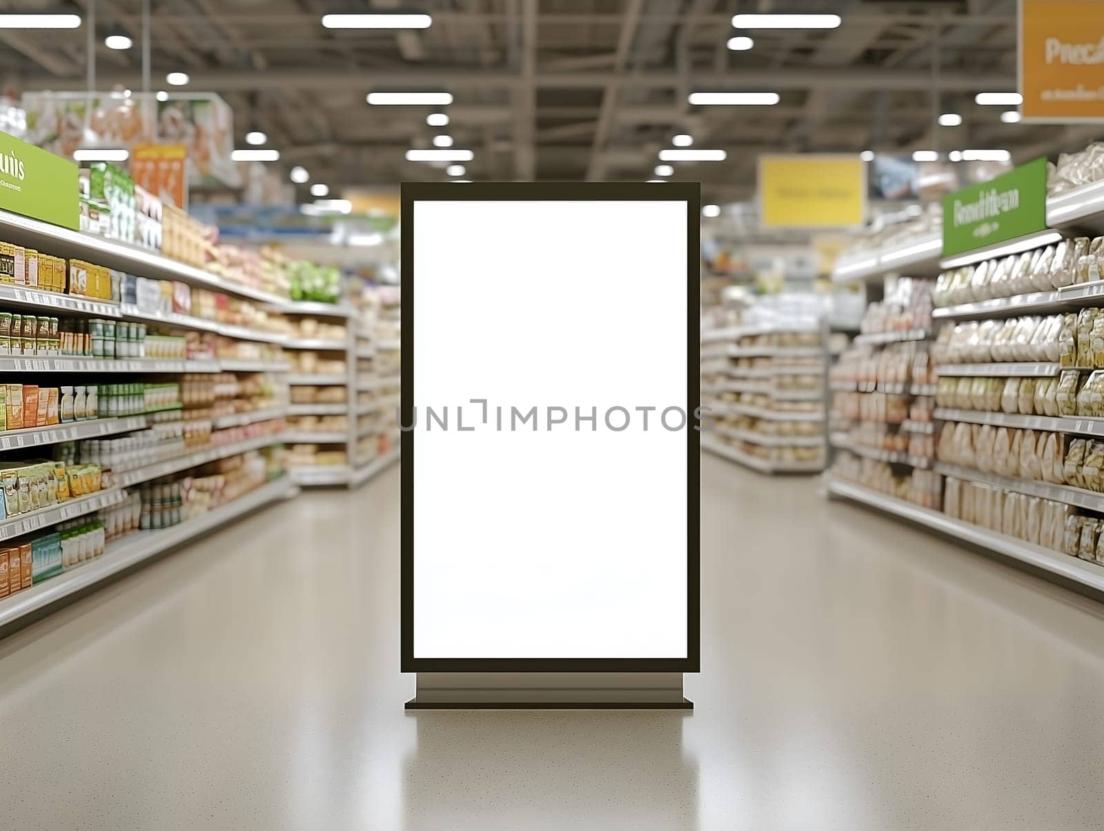 Blank Advertising Space in Retail Store Aisle with Digital Display Sign for Marketing and Promotion, Empty Billboard in Supermarket for Commercial Use, Business Marketing, and Consumer Retail