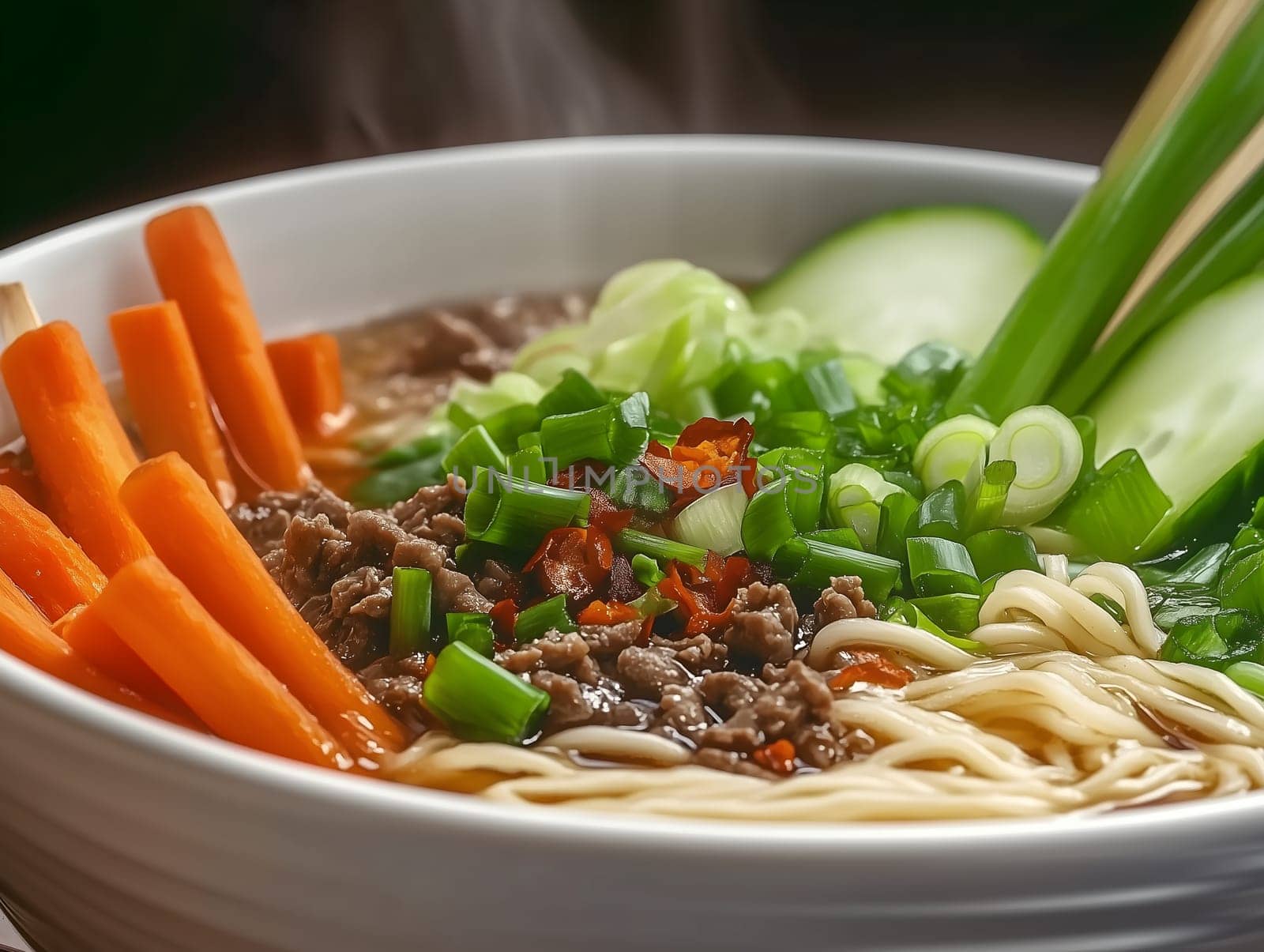 Delicious steaming bowl of ramen noodles topped with ground beef, carrots, green onions, cucumber slices, and spicy chili flakes, capturing vibrant ingredients and comforting food presentation