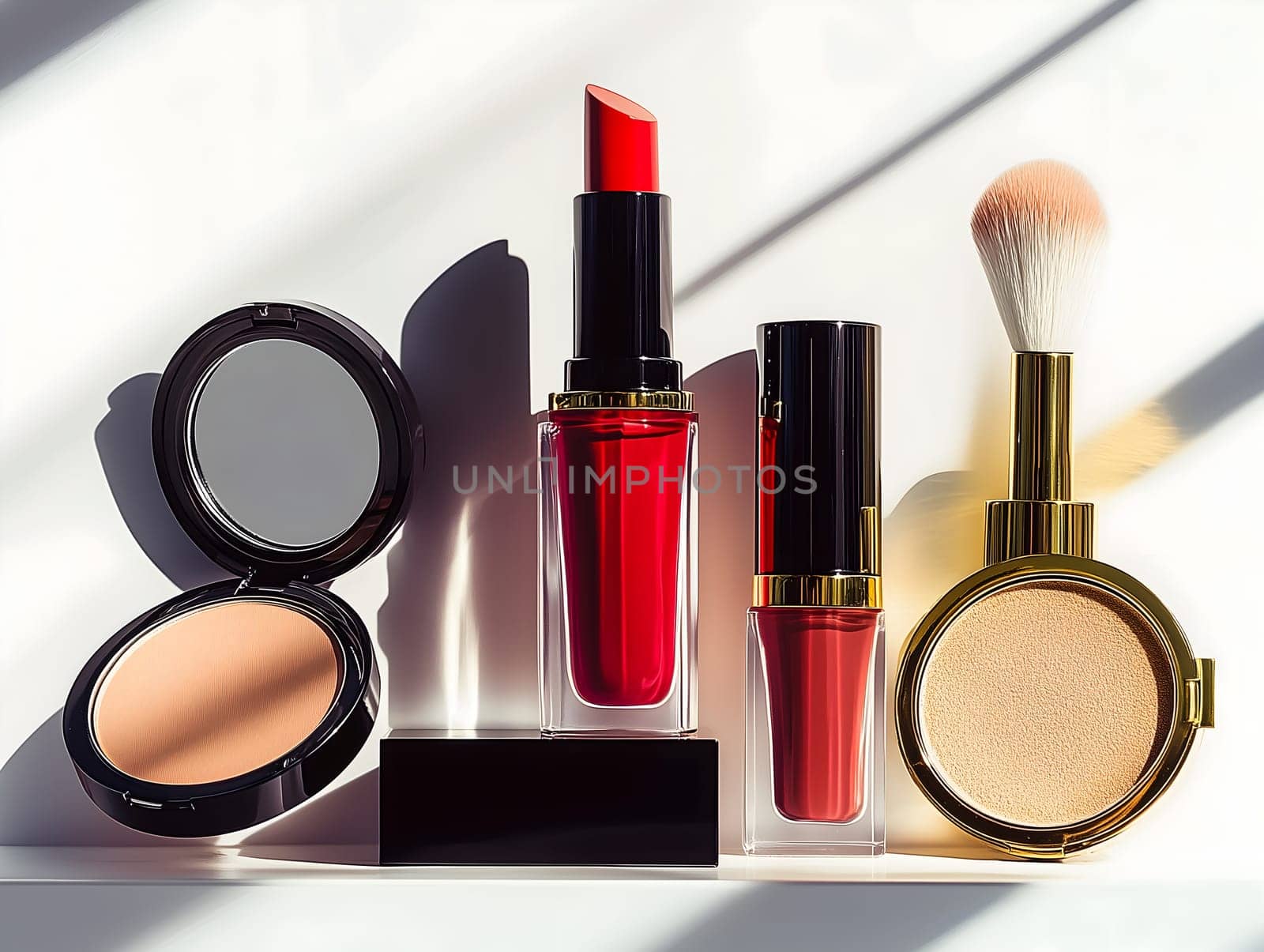AI generated image of assorted cosmetic items arranged in sunlight, featuring lipstick, powder, brush and gloss