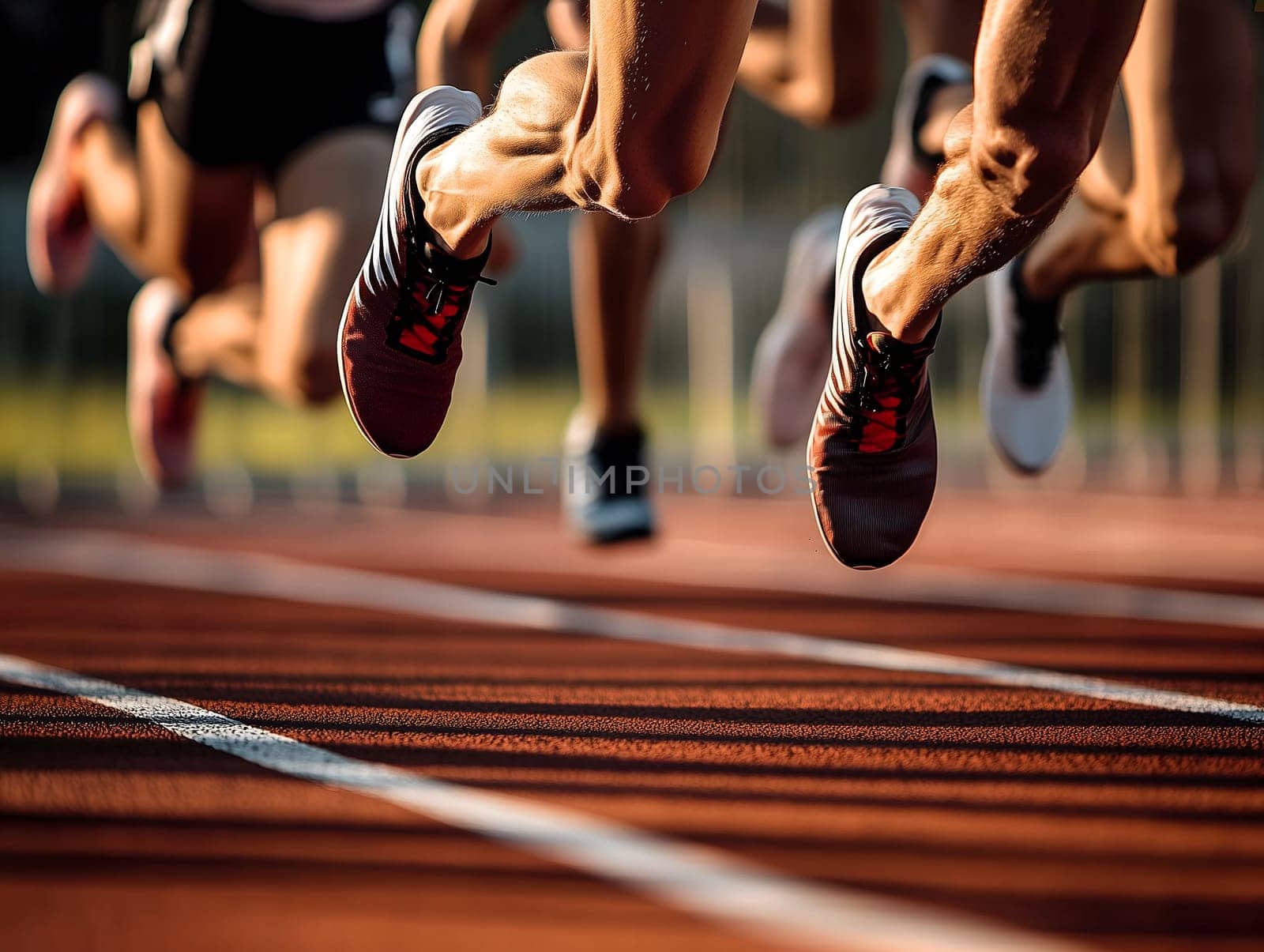 Close-up of athletes' legs in mid-sprint on a running track during a professional outdoor race, showcasing power, motion, and competition under natural daylight in a sports stadium