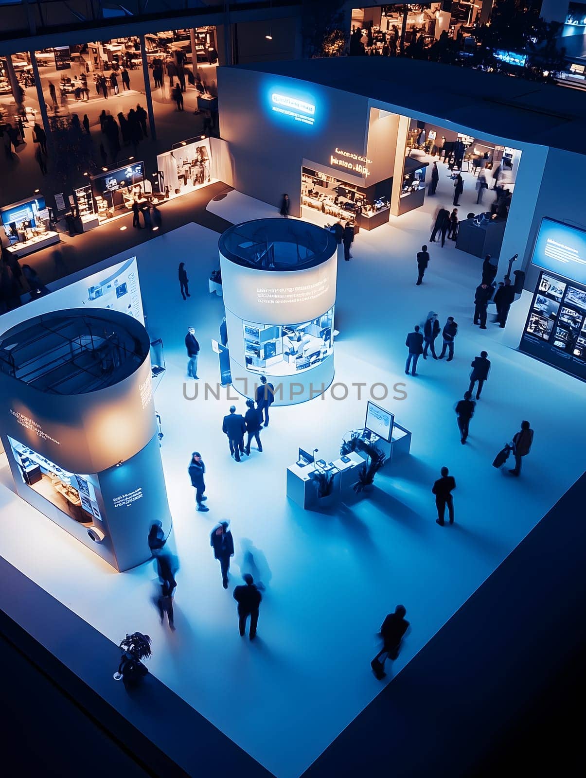 Busy exhibition hall with multiple people visiting different booths and displays. The large, brightly lit space is filled with attendees in a professional business event, showcasing a modern trade show atmosphere
