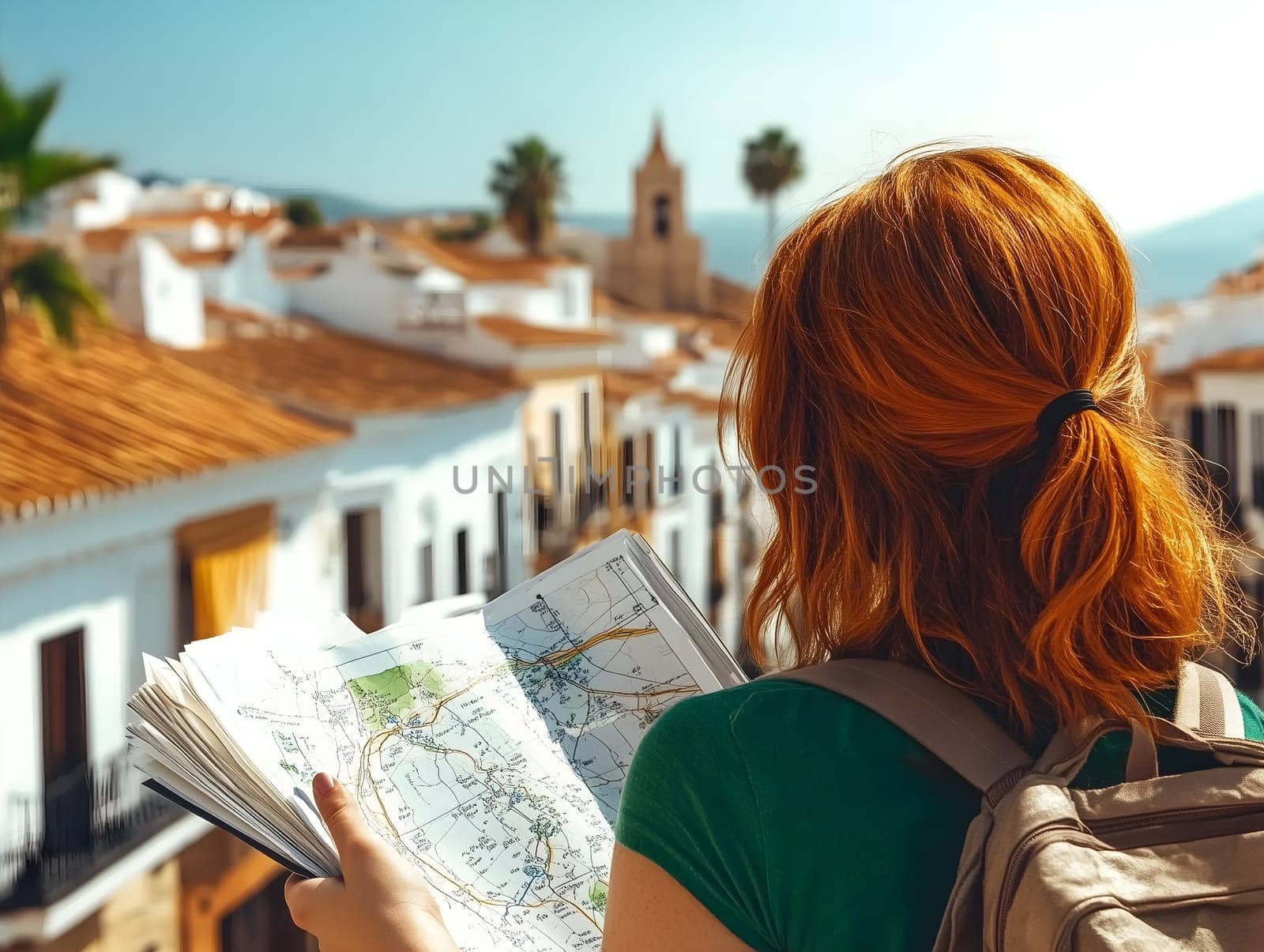 Rear view of young red-haired female tourist holding a travel map, exploring traditional Mediterranean village with white houses and church in background, sunny adventure vibe, AI generated