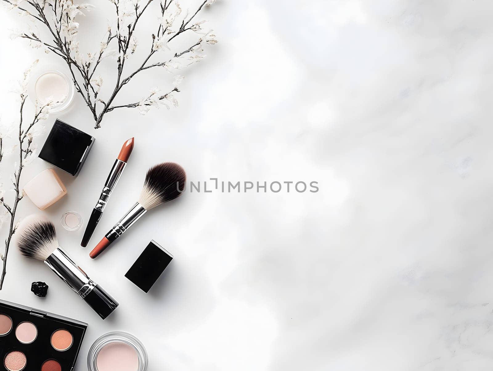 AI generated image of various makeup items including compact powders, brushes and lipsticks neatly arranged on a clean white marble surface in a soft and elegant flat lay composition