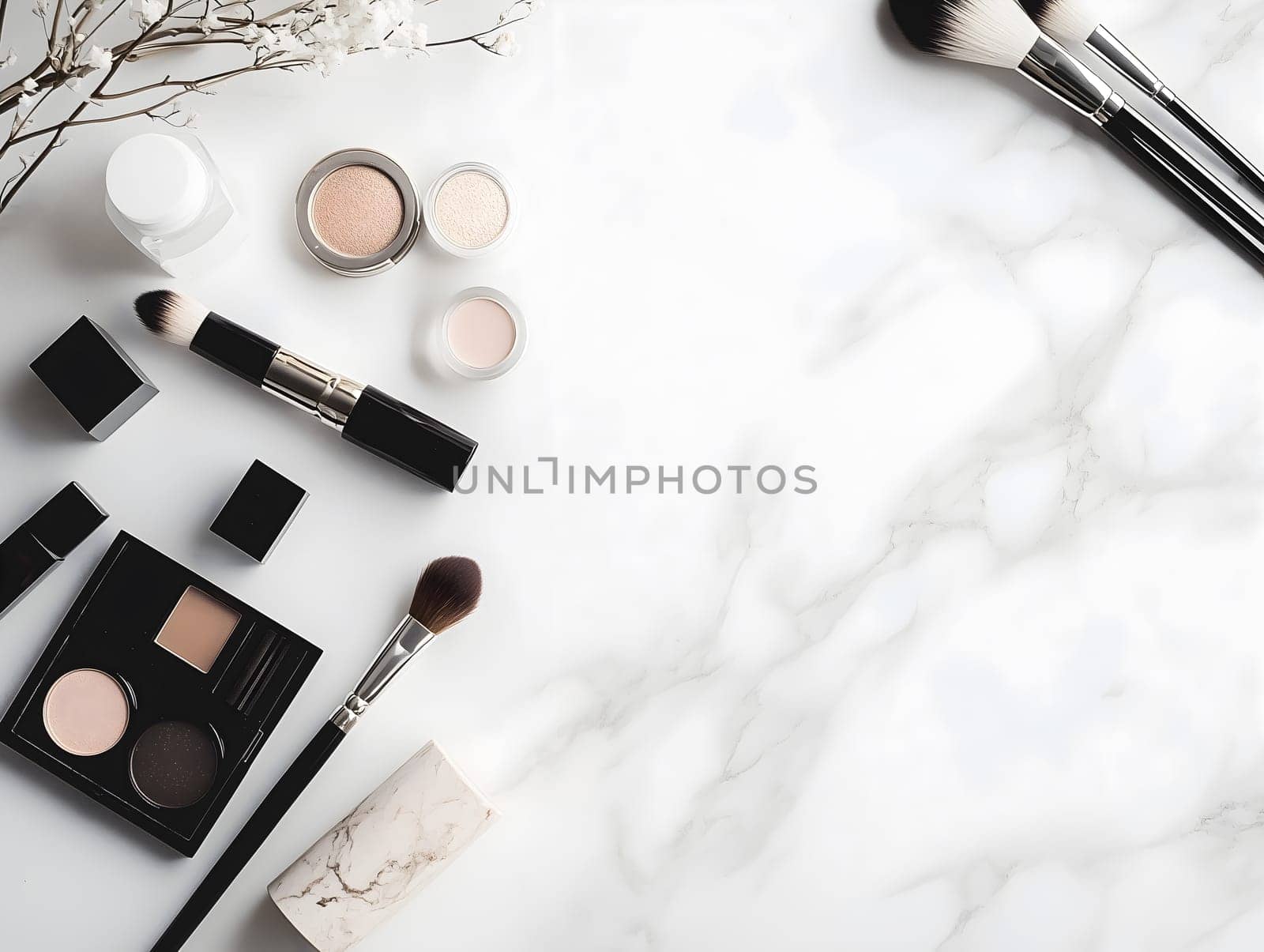 AI generated image of various makeup items including compact powders, brushes and lipsticks neatly arranged on a clean white marble surface in a soft and elegant flat lay composition
