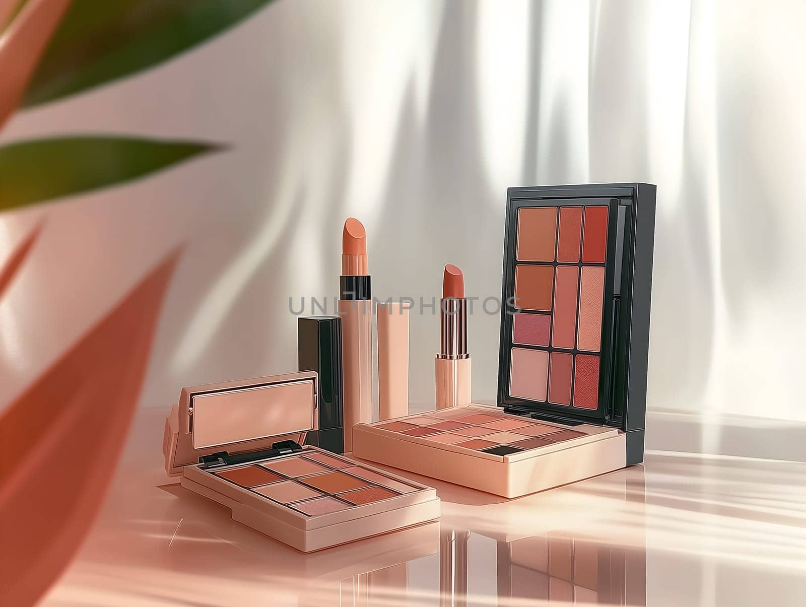 AI generated image of elegant makeup products including lipstick and eyeshadow palettes displayed on a glossy surface with warm reflections and soft curtain background in natural light