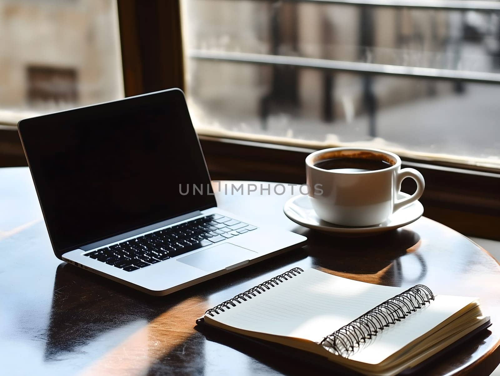 AI generated image of a laptop, spiral notebook and hot coffee cup placed on a wooden table beside a window in a warm and quiet cafe setting, ideal for remote work or creative writing