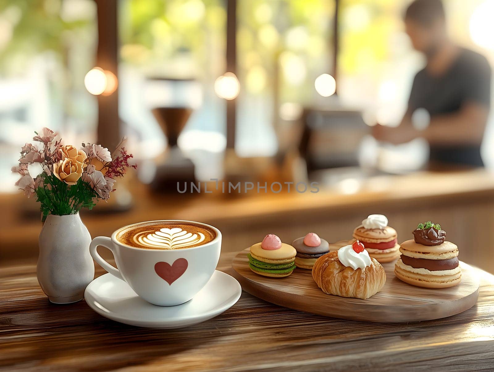 AI generated image of heart-decorated cappuccino with colorful pastries on wooden counter in a warm cafe setting, with blurred barista in the background and soft morning light