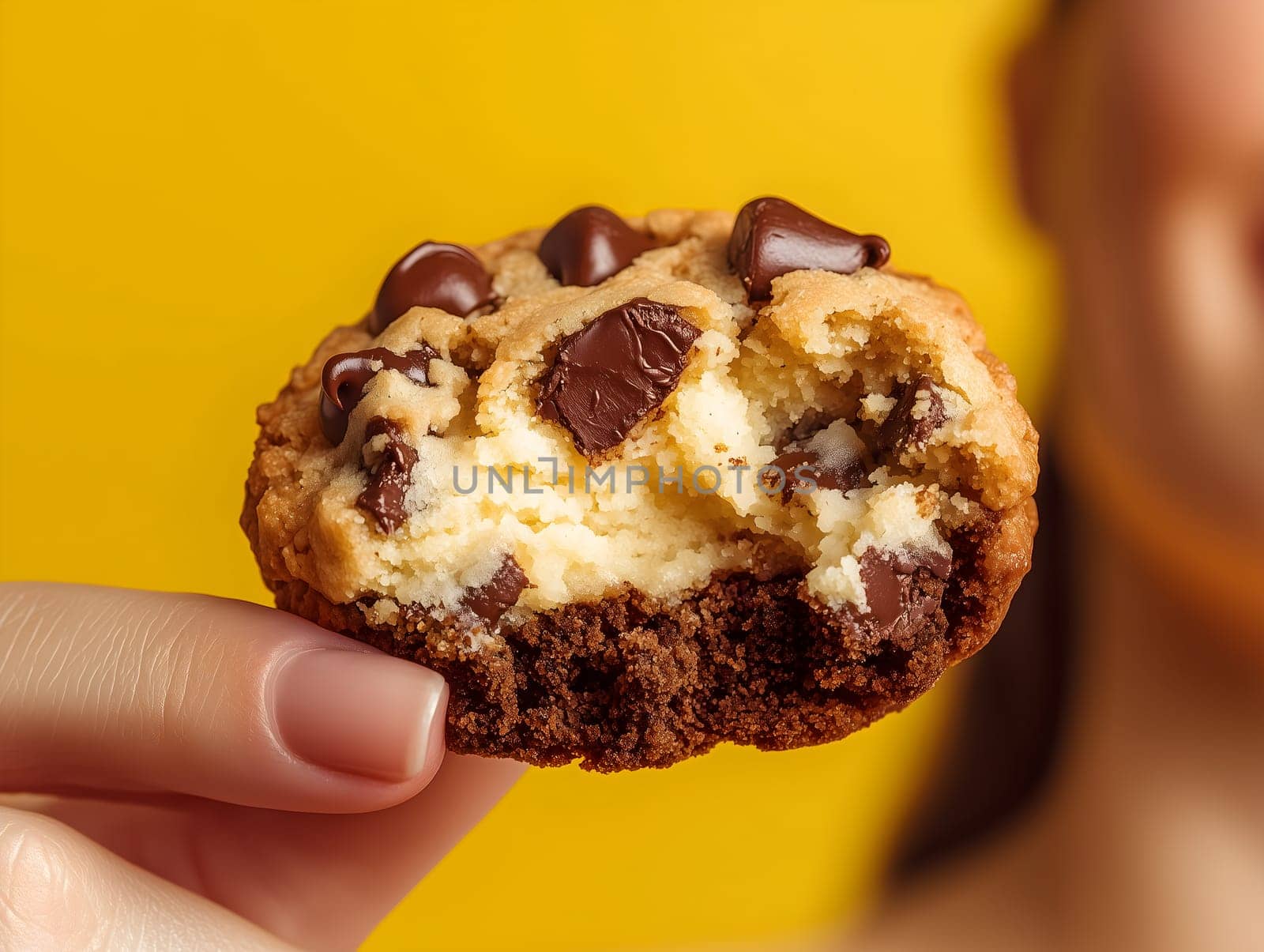 AI generated image of a hand holding a half-eaten chocolate chip cookie in front of a smiling face and bright yellow background